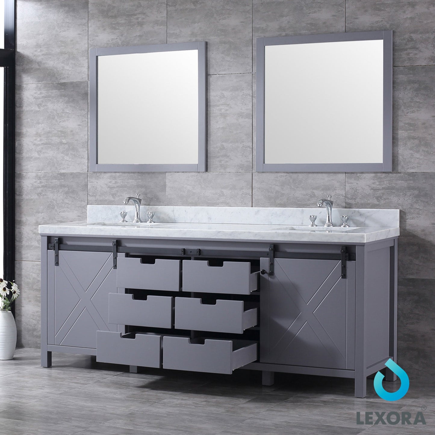 Marsyas 84" Dark Grey Double Vanity, White Carrara Marble Top, White Square Sinks and 34" Mirrors