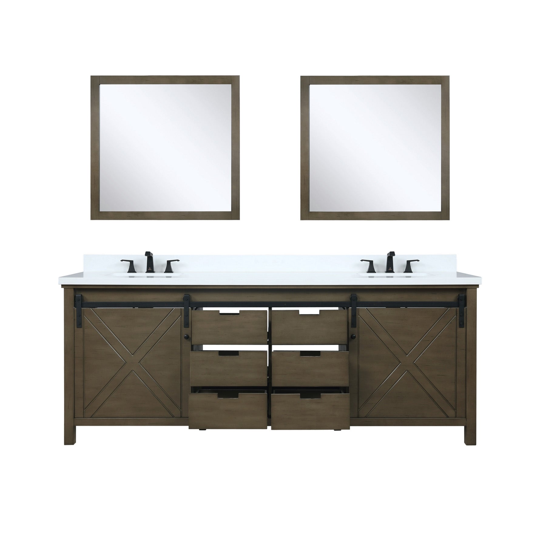 Marsyas 84" Brown Double Vanity, White Quartz Top, White Square Sinks and 34" Mirrors