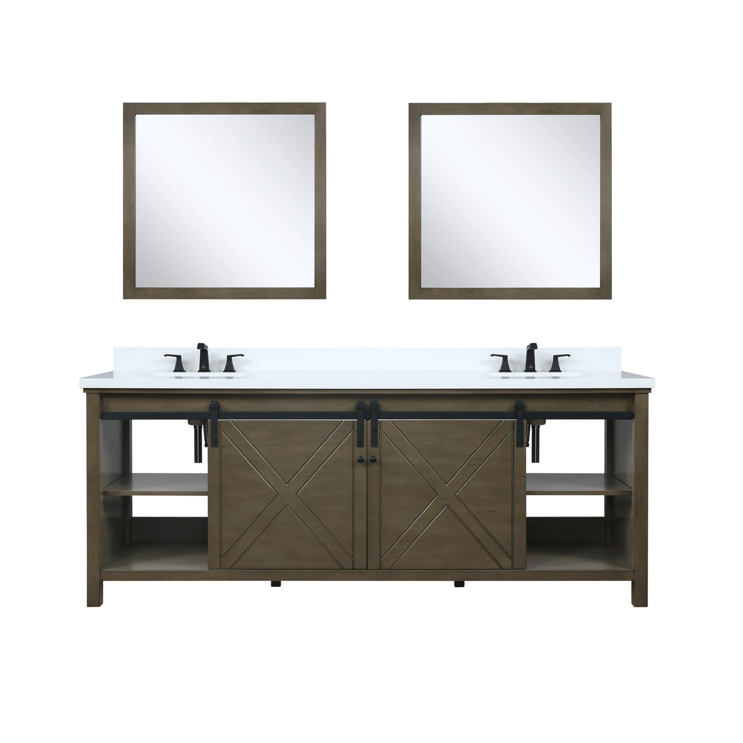 Marsyas 84" Brown Double Vanity, White Quartz Top, White Square Sinks and 34" Mirrors