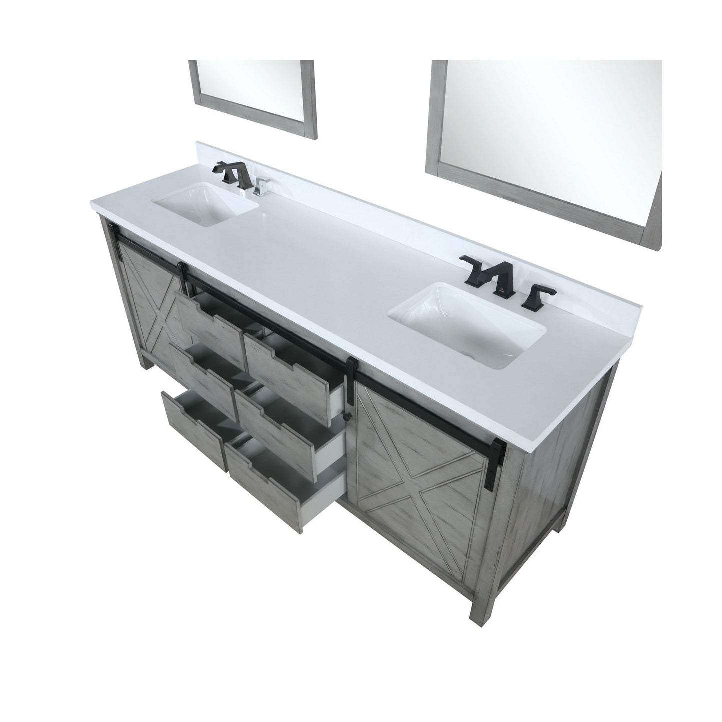 Marsyas 84" Ash Grey Double Vanity, White Quartz Top, White Square Sinks and 34" Mirrors
