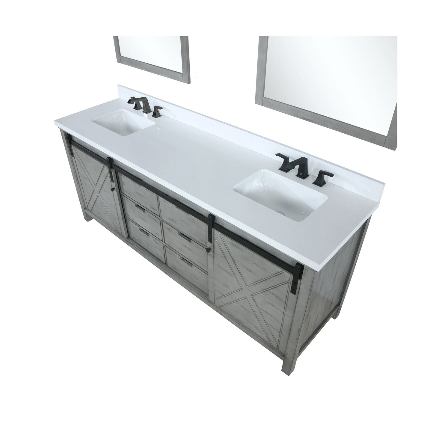 Marsyas 84" Ash Grey Double Vanity, White Quartz Top, White Square Sinks and 34" Mirrors