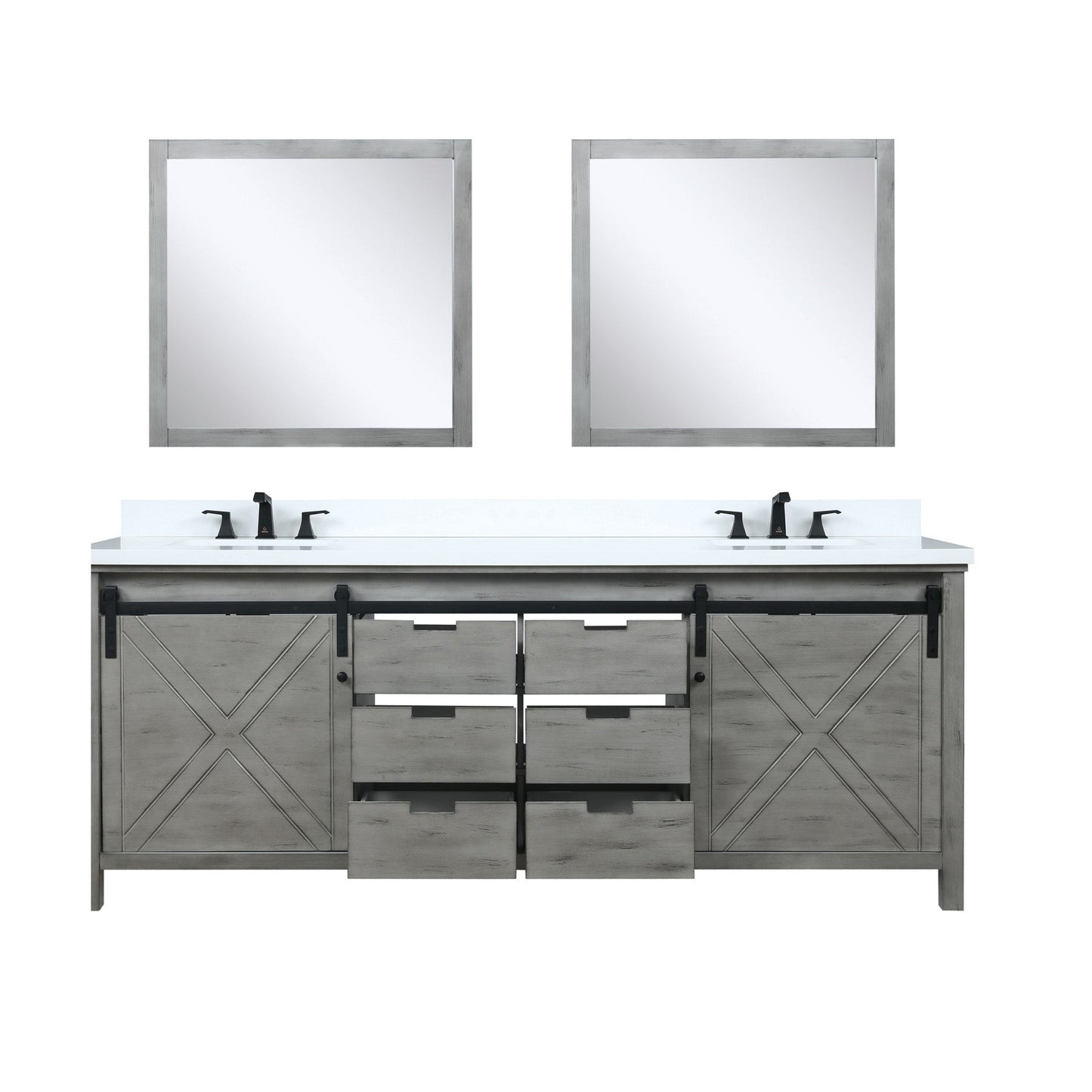 Marsyas 84" Ash Grey Double Vanity, White Quartz Top, White Square Sinks and 34" Mirrors