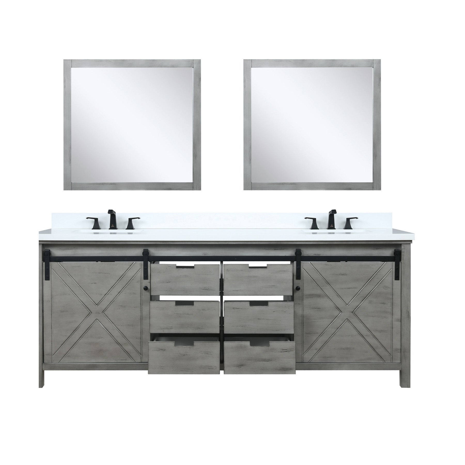 Marsyas 84" Ash Grey Double Vanity, White Quartz Top, White Square Sinks and 34" Mirrors