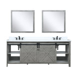 Marsyas 84" Ash Grey Double Vanity, White Quartz Top, White Square Sinks and 34" Mirrors