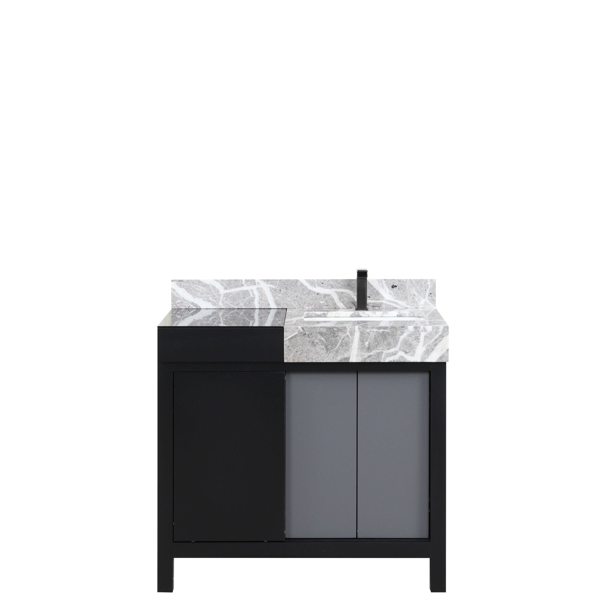 Zilara 36 in. Black and Grey  Freestanding Bathroom Vanity With Castle Grey Marble Top, White Square Sink, and Balzani Gun Metal Faucet