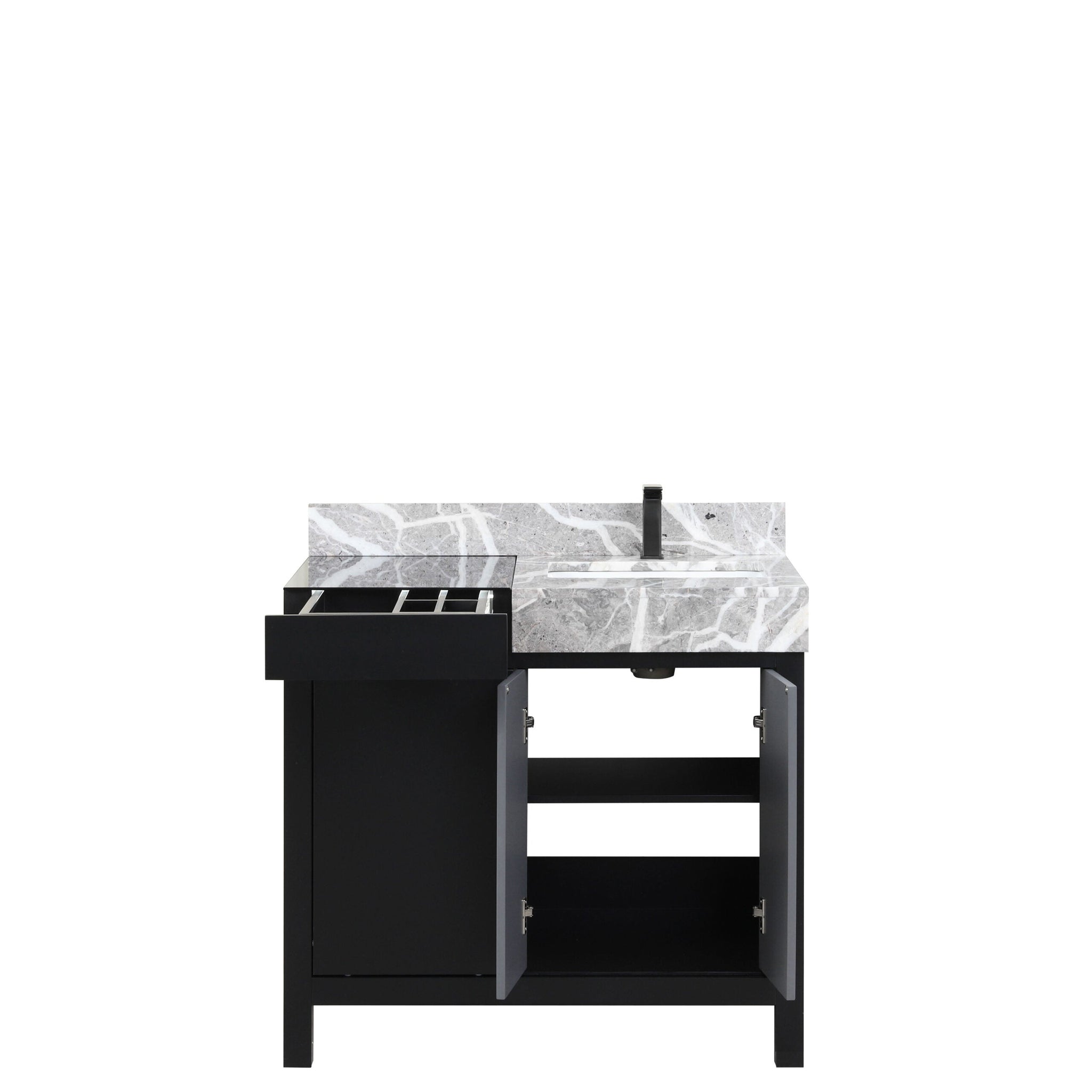 Zilara 36 in. Black and Grey  Freestanding Bathroom Vanity With Castle Grey Marble Top, White Square Sink, and Balzani Gun Metal Faucet