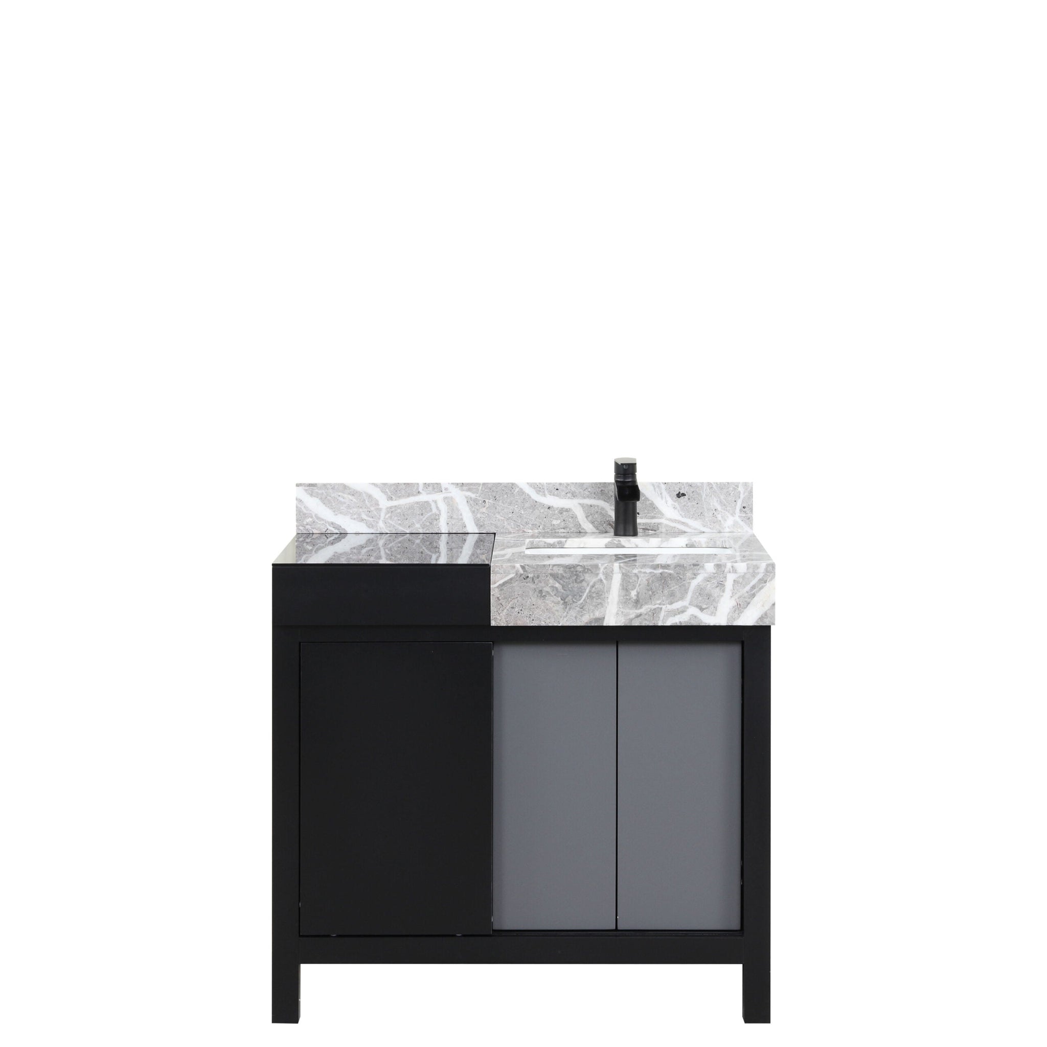 Zilara 36 in. Black and Grey  Freestanding Bathroom Vanity With Castle Grey Marble Top, White Square Sink, and Cascata Nera Matte Black Faucet