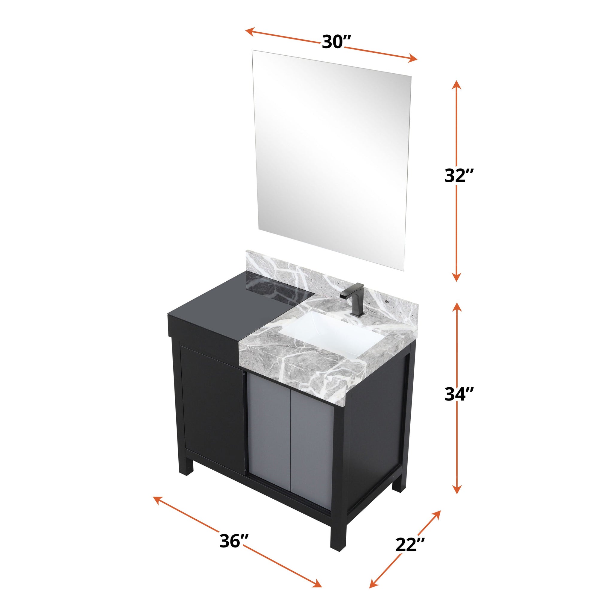Zilara 36" Black and Grey Vanity, Castle Grey Marble Top, White Square Sink, Balzani Gun Metal Faucet Set, and 30" Frameless Mirror