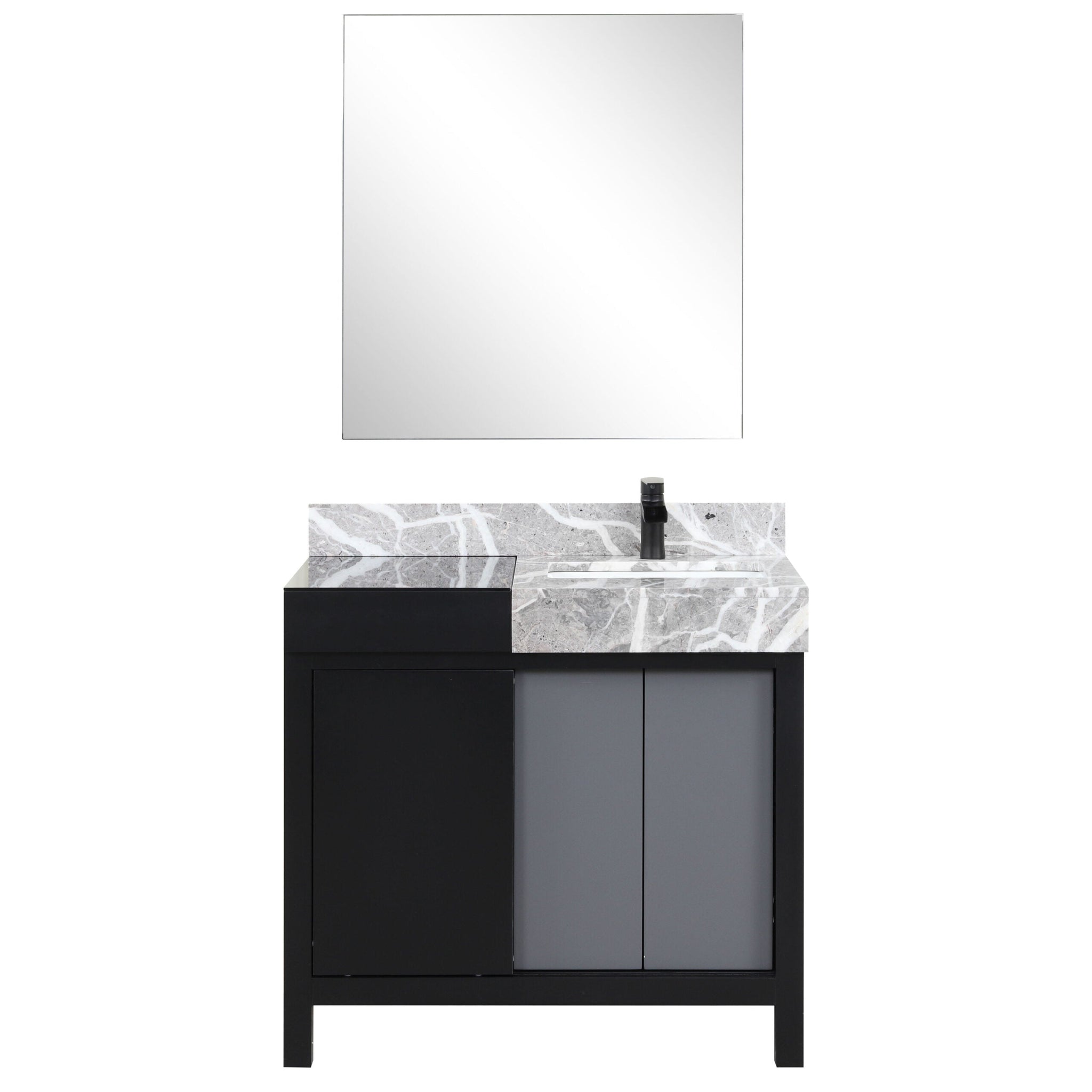 Zilara 36" Black and Grey Vanity, Castle Grey Marble Top, White Square Sink, Cascata Nera Matte Black Faucet Set, and 30" Frameless Mirror