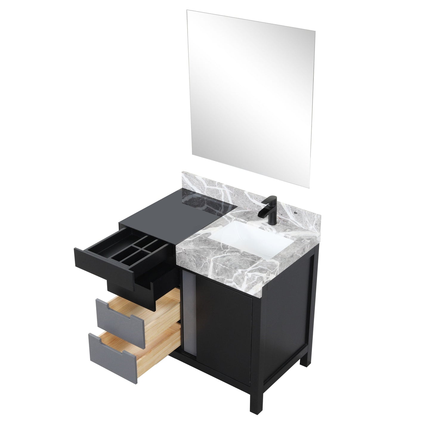 Zilara 36" Black and Grey Vanity, Castle Grey Marble Top, White Square Sink, Cascata Nera Matte Black Faucet Set, and 30" Frameless Mirror
