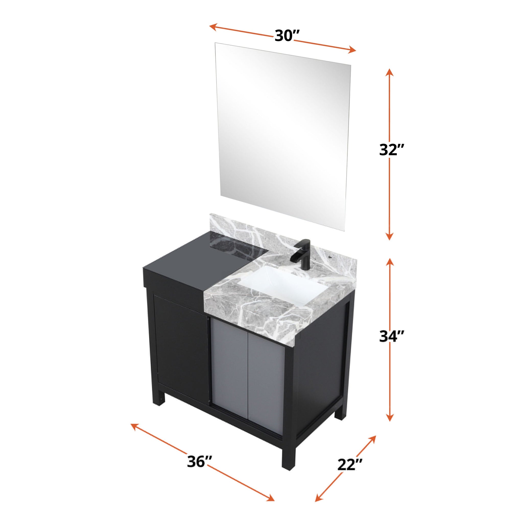 Zilara 36" Black and Grey Vanity, Castle Grey Marble Top, White Square Sink, Cascata Nera Matte Black Faucet Set, and 30" Frameless Mirror