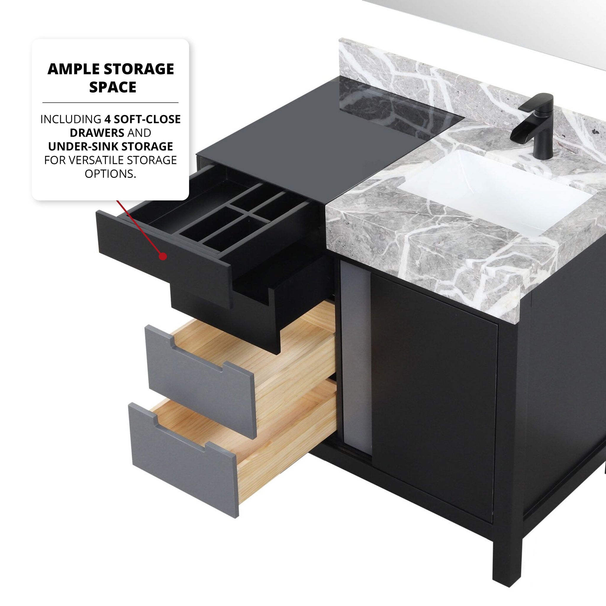 Zilara 36 in. Black and Grey  Freestanding Bathroom Vanity With Castle Grey Marble Top, White Square Sink, and Cascata Nera Matte Black Faucet
