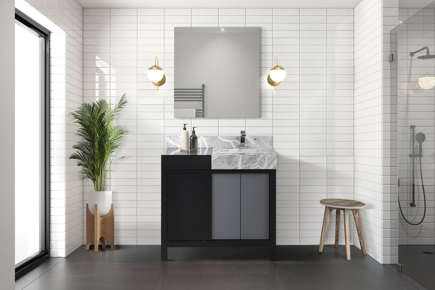 Zilara 36 in. Black and Grey  Freestanding Bathroom Vanity With Castle Grey Marble Top, and White Square Sink
