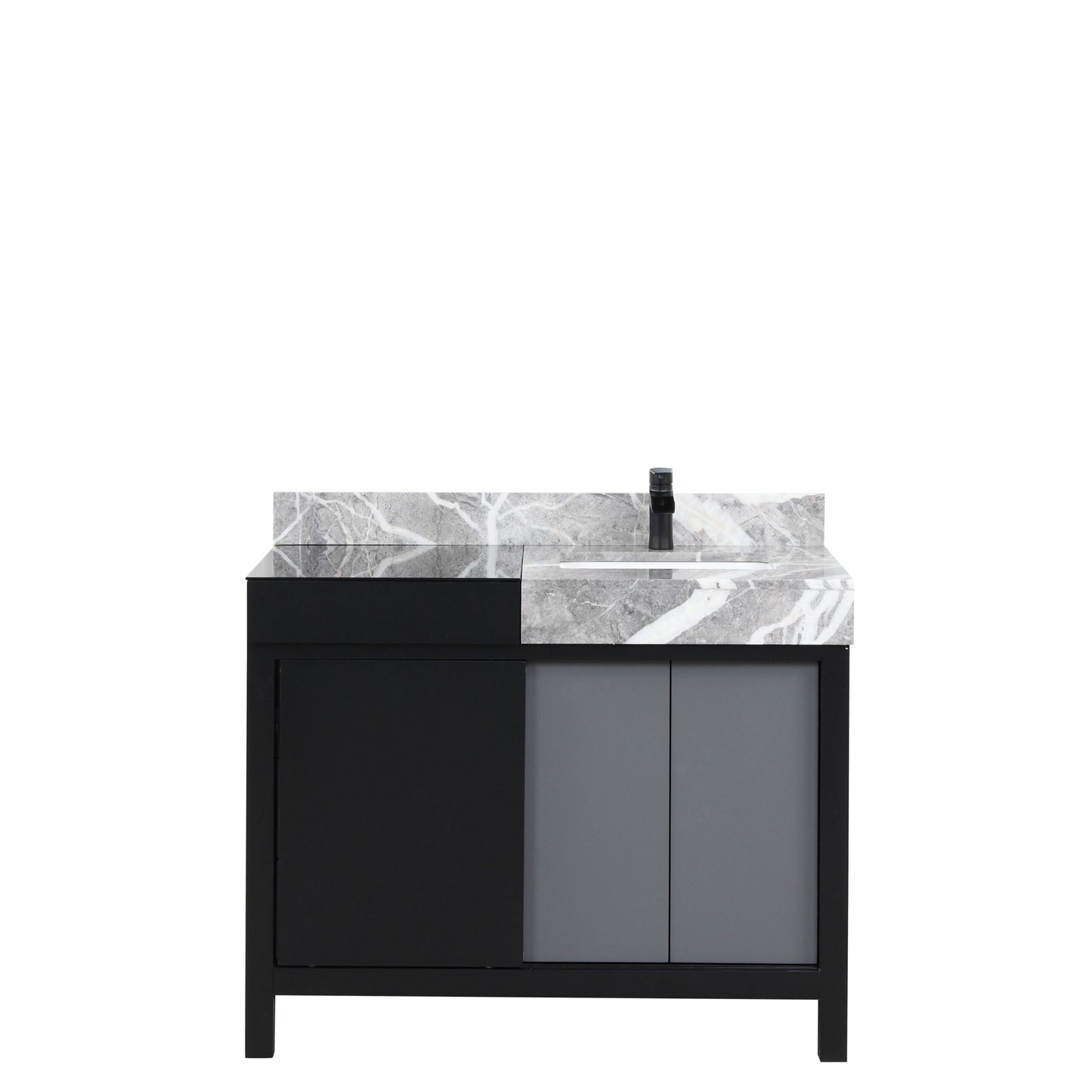 Zilara 42 in. Black and Grey  Freestanding Bathroom Vanity With Castle Grey Marble Top, White Square Sink, and Cascata Nera Matte Black Faucet