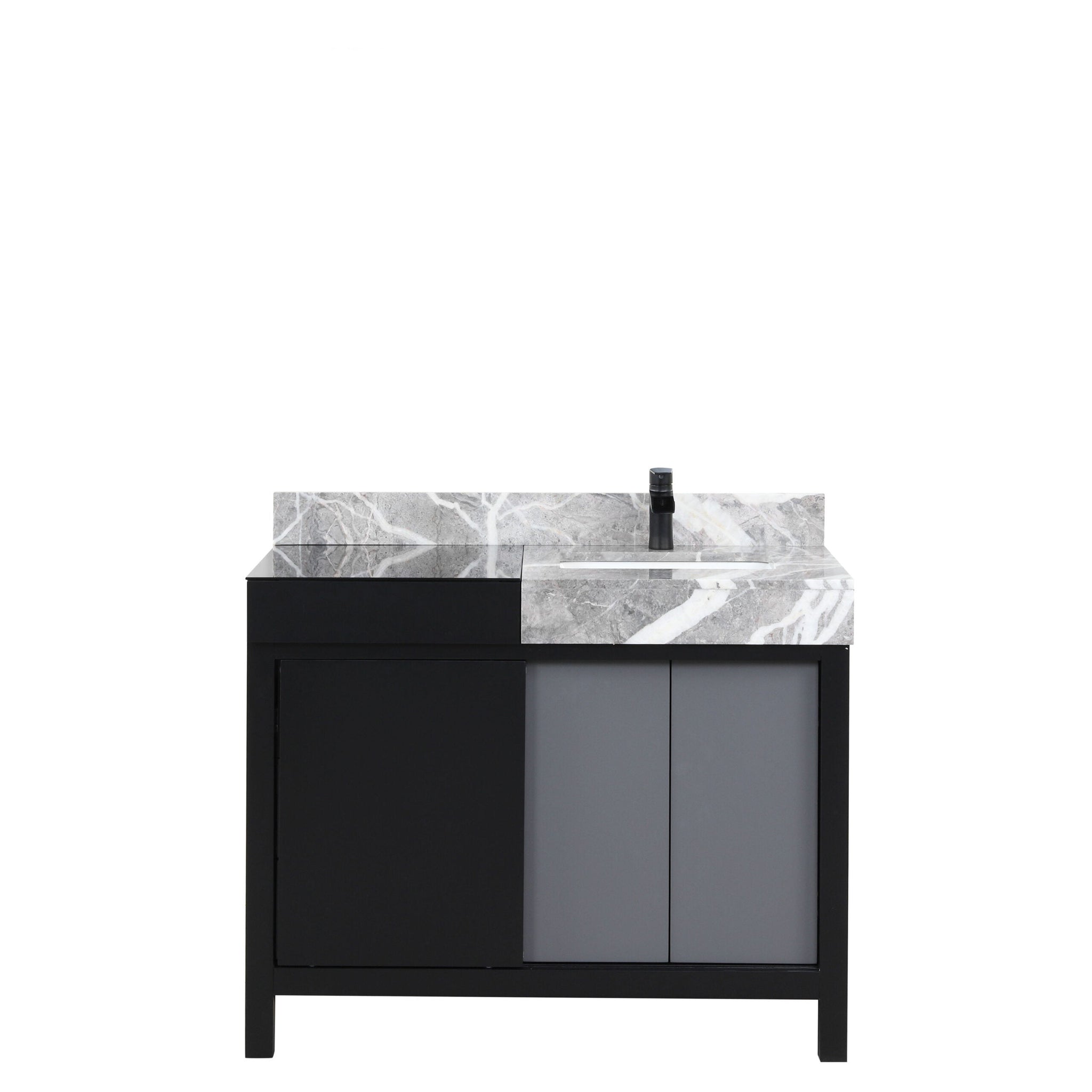 Zilara 42 in. Black and Grey  Freestanding Bathroom Vanity With Castle Grey Marble Top, White Square Sink, and Cascata Nera Matte Black Faucet