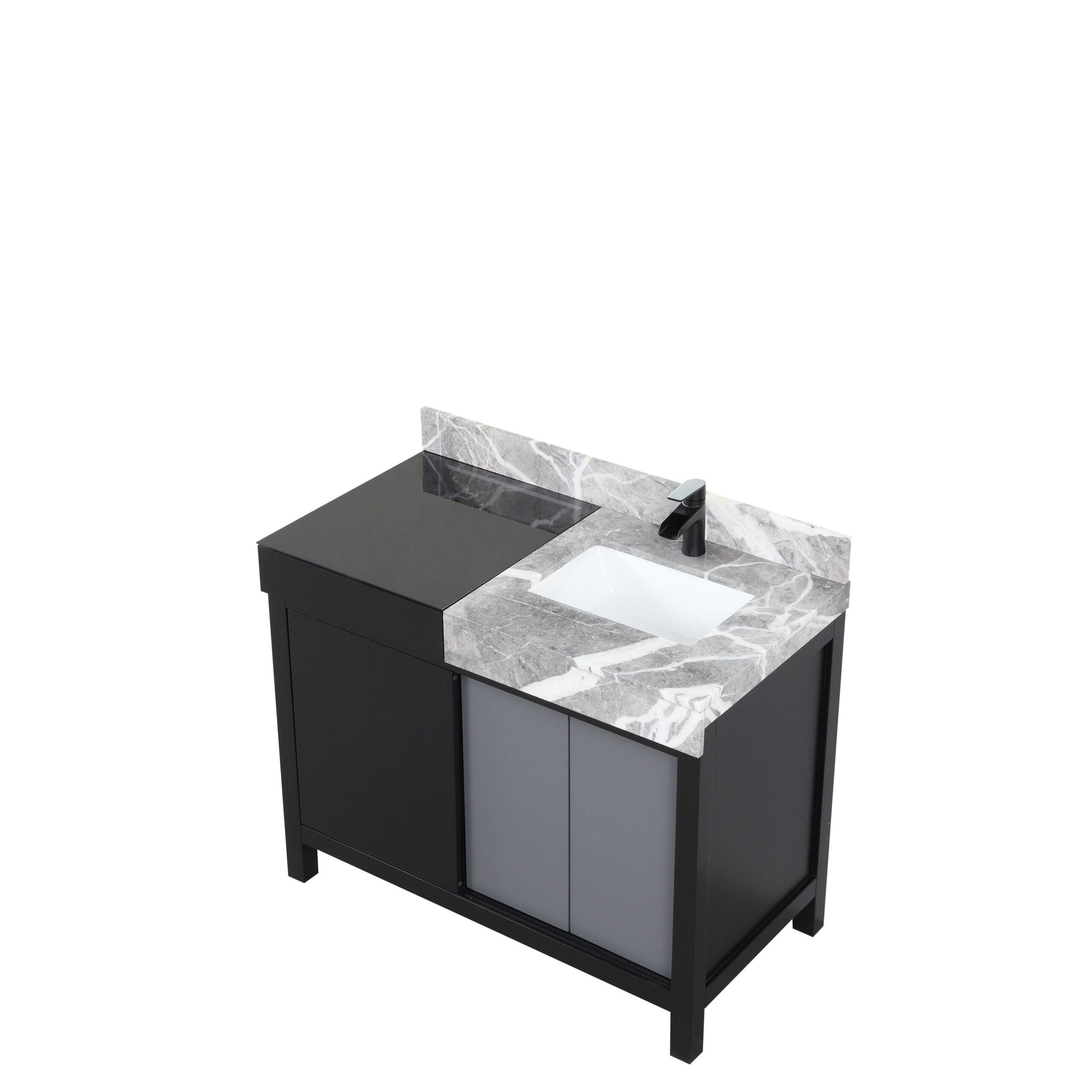 Zilara 42 in. Black and Grey  Freestanding Bathroom Vanity With Castle Grey Marble Top, White Square Sink, and Cascata Nera Matte Black Faucet
