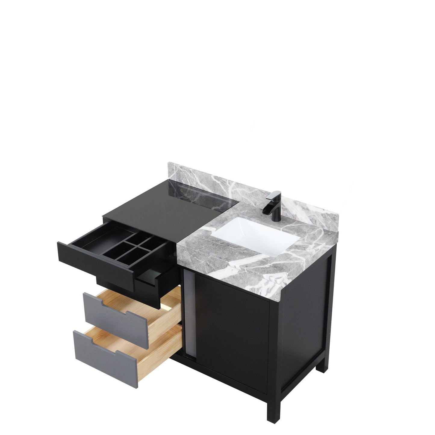 Zilara 42 in. Black and Grey  Freestanding Bathroom Vanity With Castle Grey Marble Top, White Square Sink, and Cascata Nera Matte Black Faucet