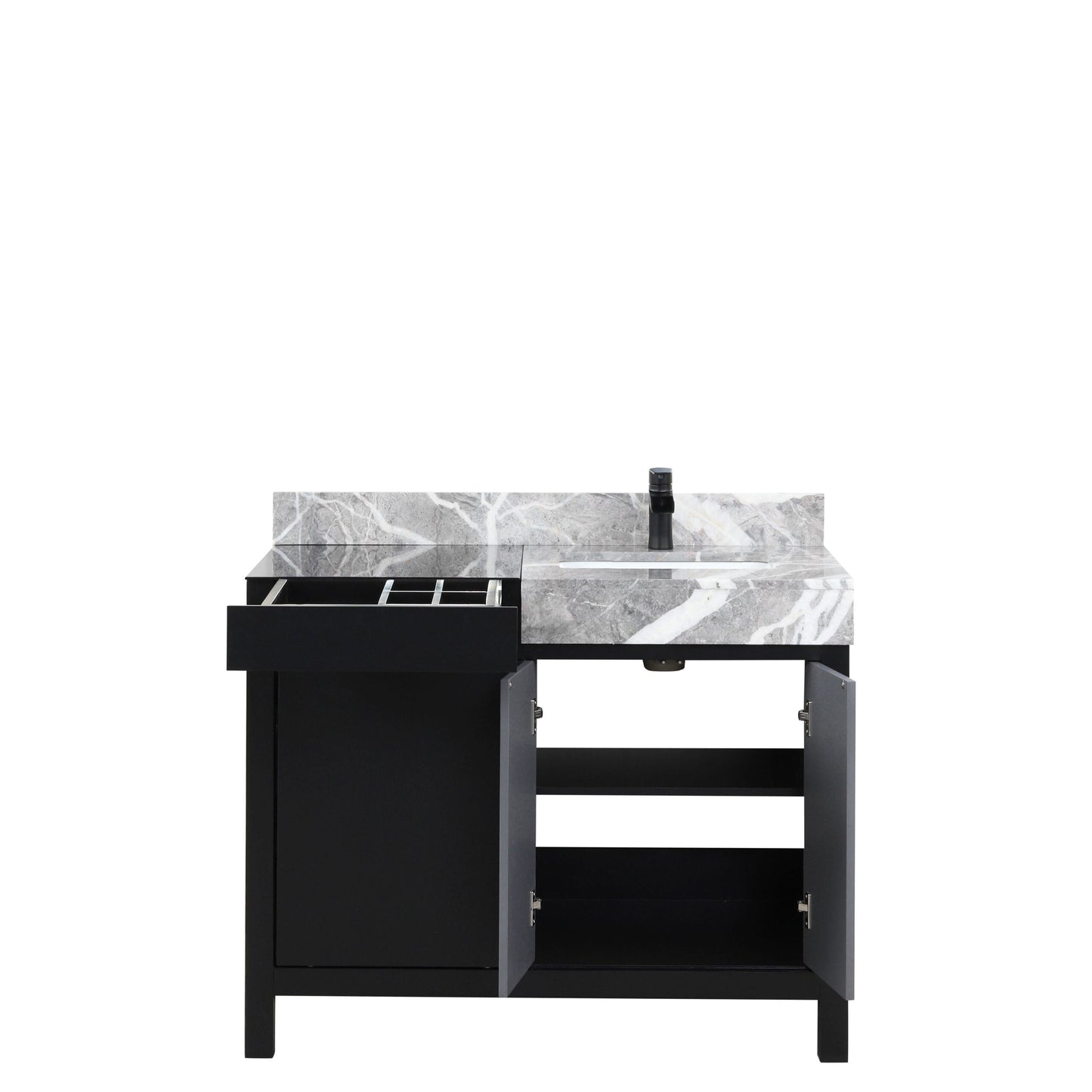 Zilara 42 in. Black and Grey  Freestanding Bathroom Vanity With Castle Grey Marble Top, White Square Sink, and Cascata Nera Matte Black Faucet