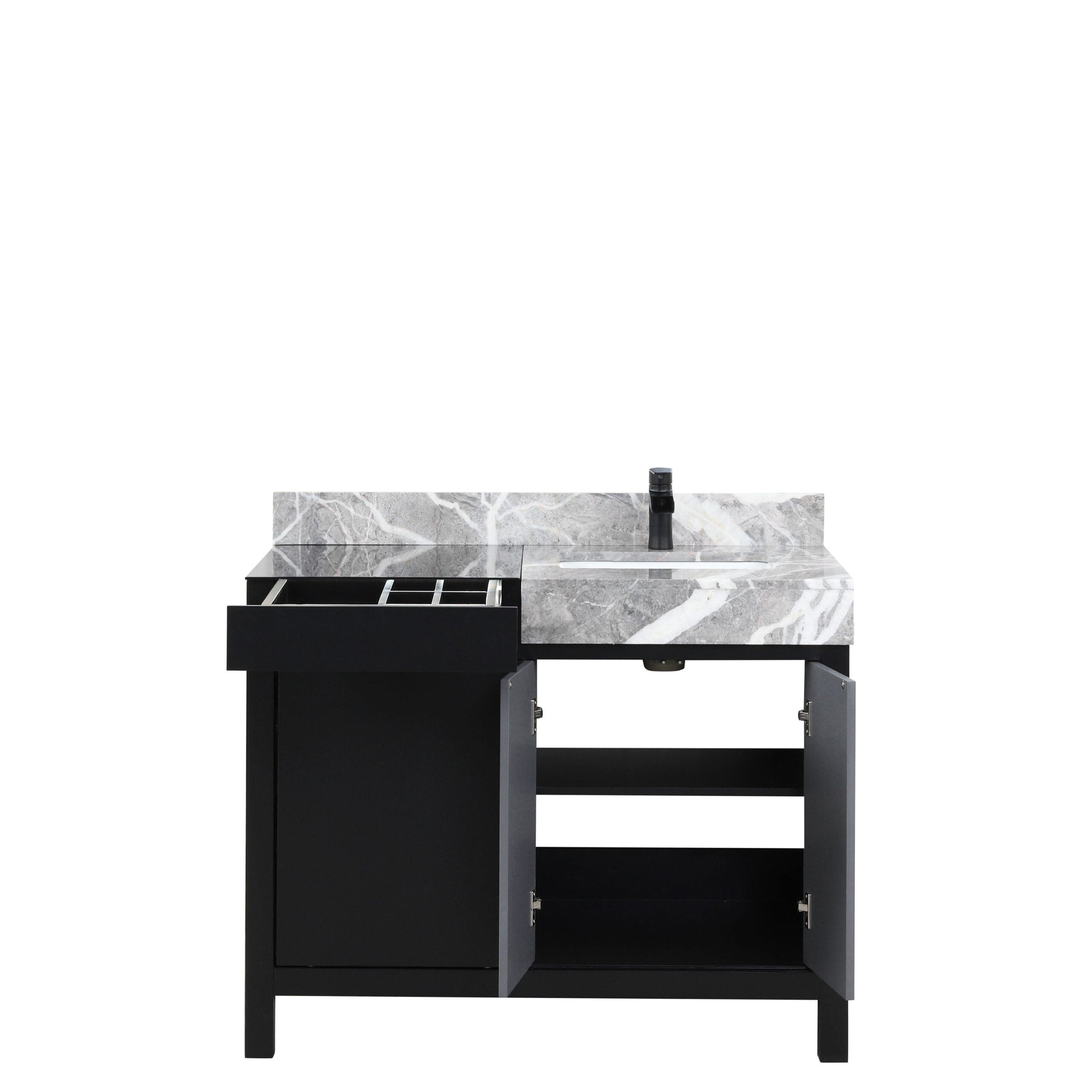 Zilara 42 in. Black and Grey  Freestanding Bathroom Vanity With Castle Grey Marble Top, White Square Sink, and Cascata Nera Matte Black Faucet