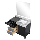Zilara 42" Black and Grey Vanity, Castle Grey Marble Top, White Square Sink, and 34" Frameless Mirror