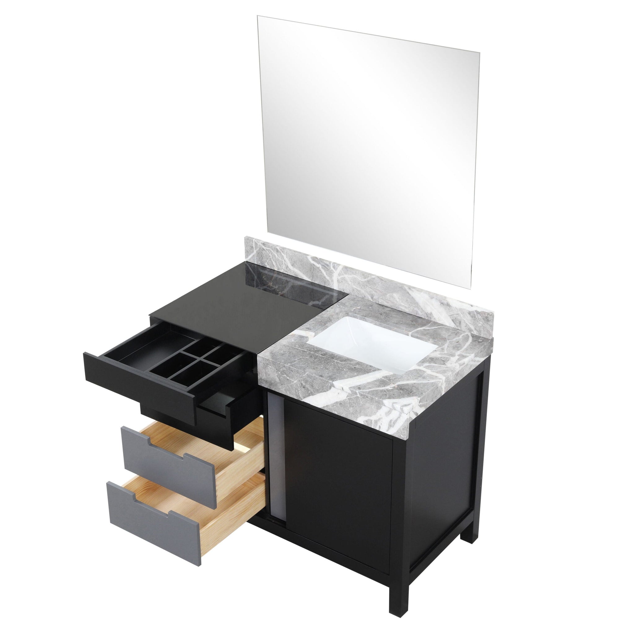 Zilara 42" Black and Grey Vanity, Castle Grey Marble Top, White Square Sink, and 34" Frameless Mirror