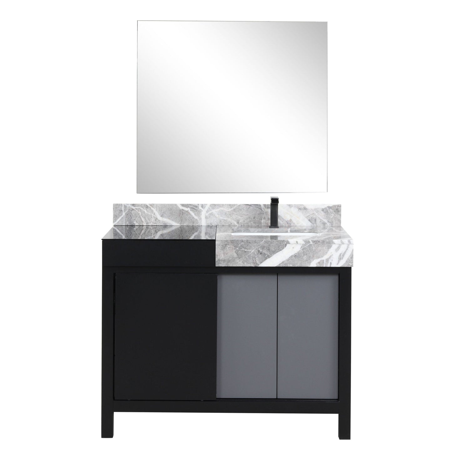 Zilara 42" Black and Grey Vanity, Castle Grey Marble Top, White Square Sink, Balzani Gun Metal Faucet Set, and 34" Frameless Mirror