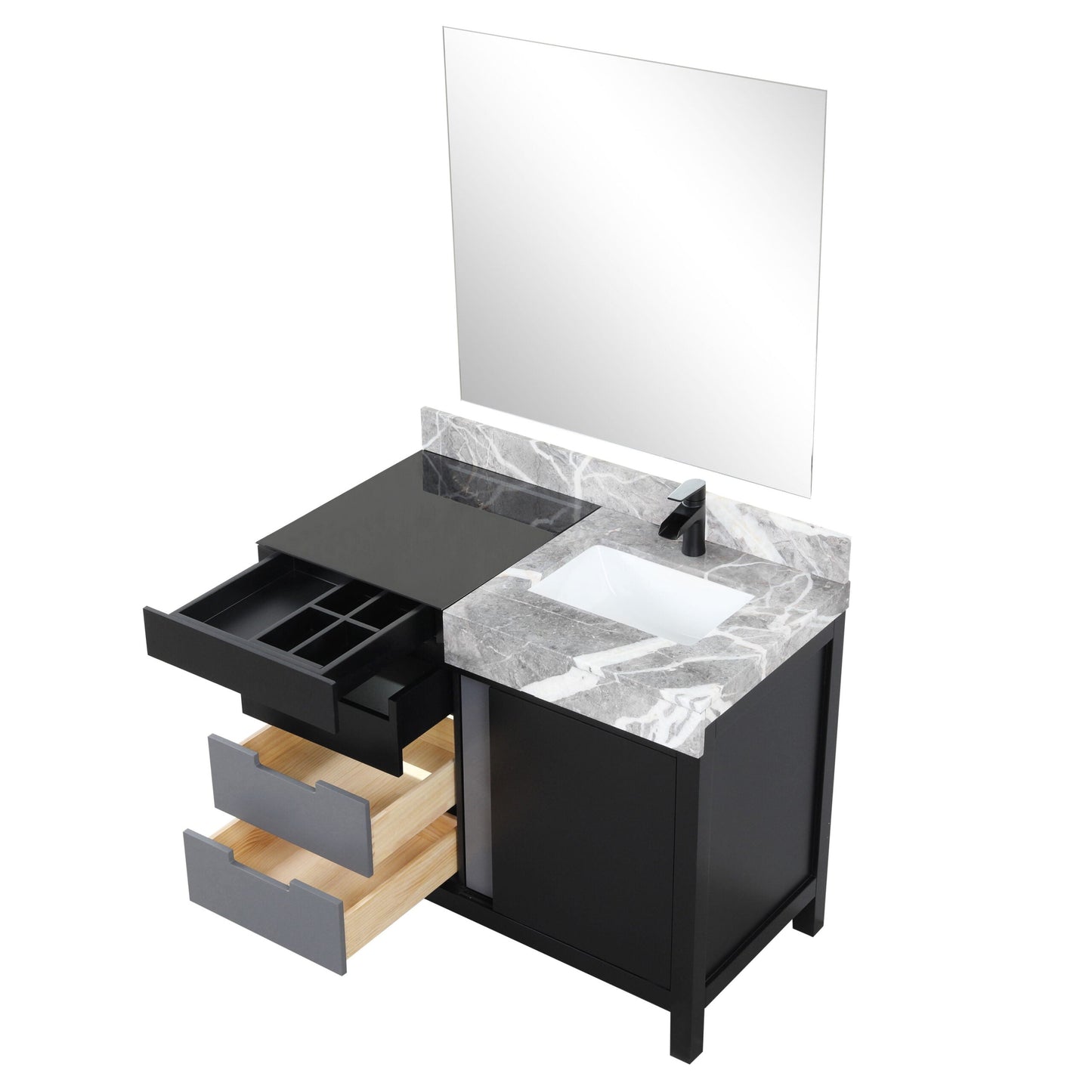 Zilara 42" Black and Grey Vanity, Castle Grey Marble Top, White Square Sink, Cascata Nera Matte Black Faucet Set, and 34" Frameless Mirror