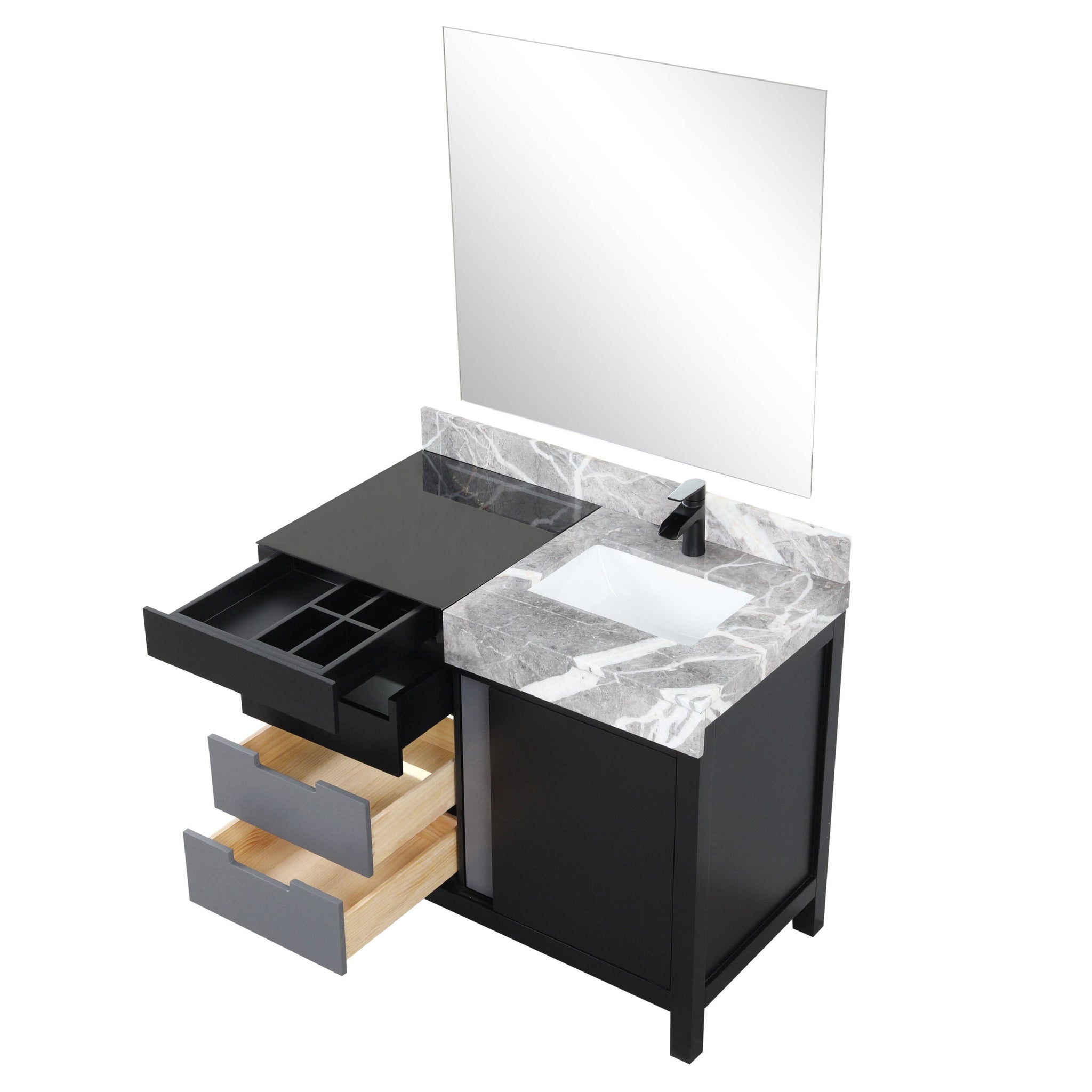 Zilara 42" Black and Grey Vanity, Castle Grey Marble Top, White Square Sink, Cascata Nera Matte Black Faucet Set, and 34" Frameless Mirror