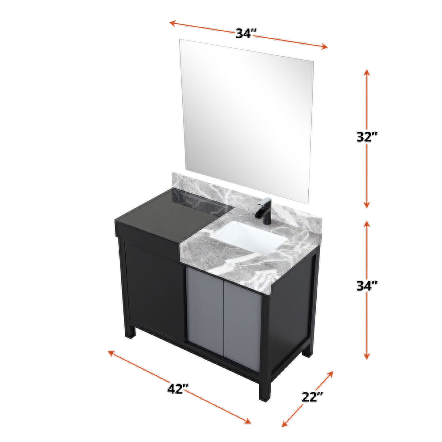 Zilara 42" Black and Grey Vanity, Castle Grey Marble Top, White Square Sink, Cascata Nera Matte Black Faucet Set, and 34" Frameless Mirror