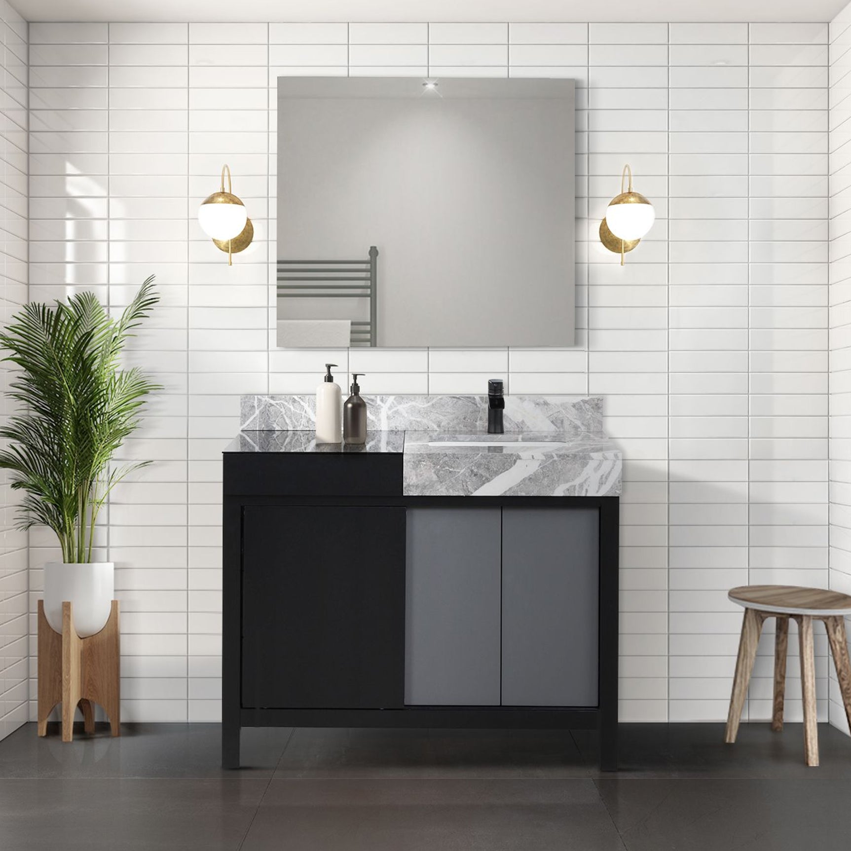 Zilara 36 in. Black and Grey  Freestanding Bathroom Vanity With Castle Grey Marble Top, White Square Sink, and Cascata Nera Matte Black Faucet