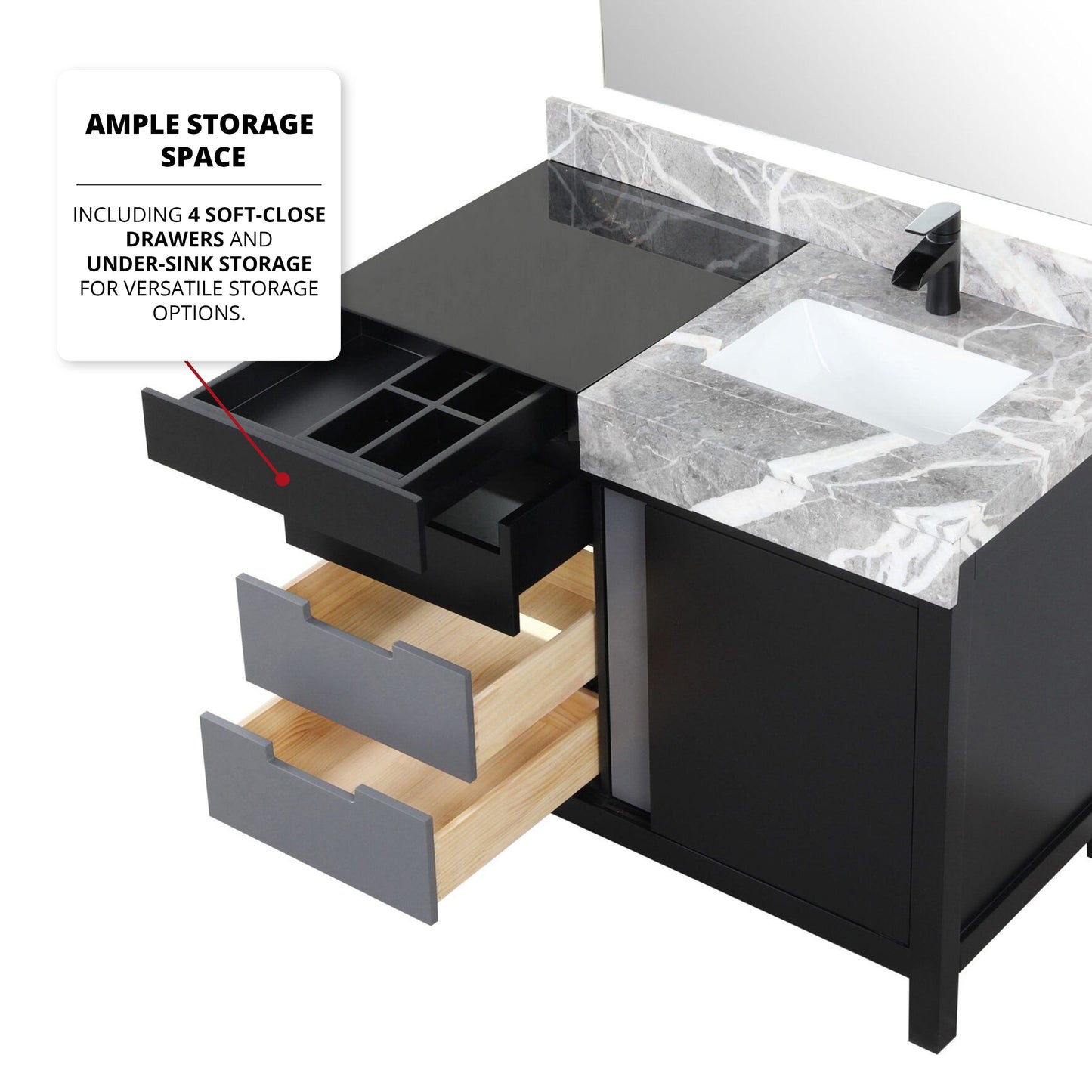 Zilara 42 in. Black and Grey  Freestanding Bathroom Vanity With Castle Grey Marble Top, White Square Sink, and Cascata Nera Matte Black Faucet