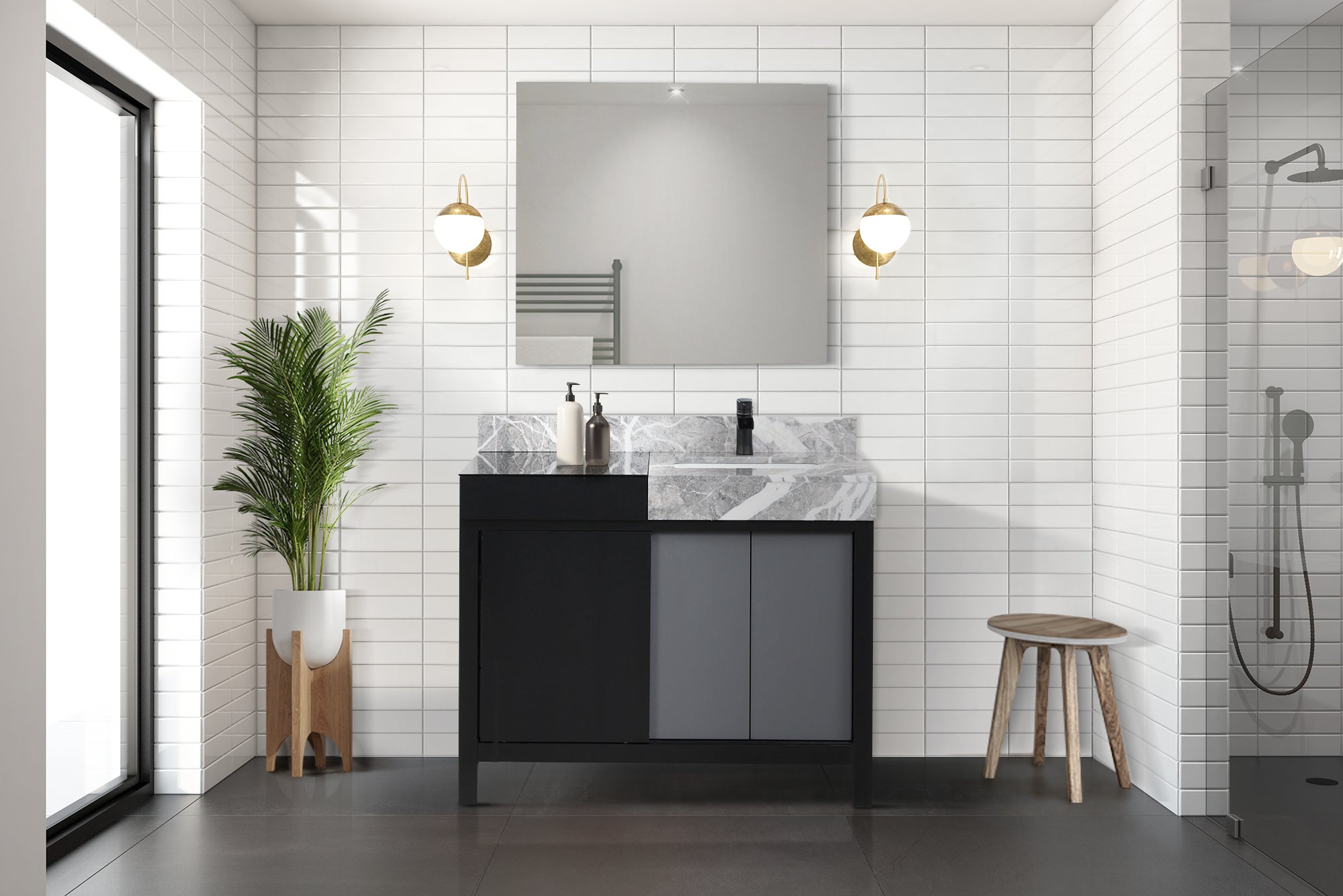 Zilara 42 in. Black and Grey  Freestanding Bathroom Vanity With Castle Grey Marble Top, and White Square Sink