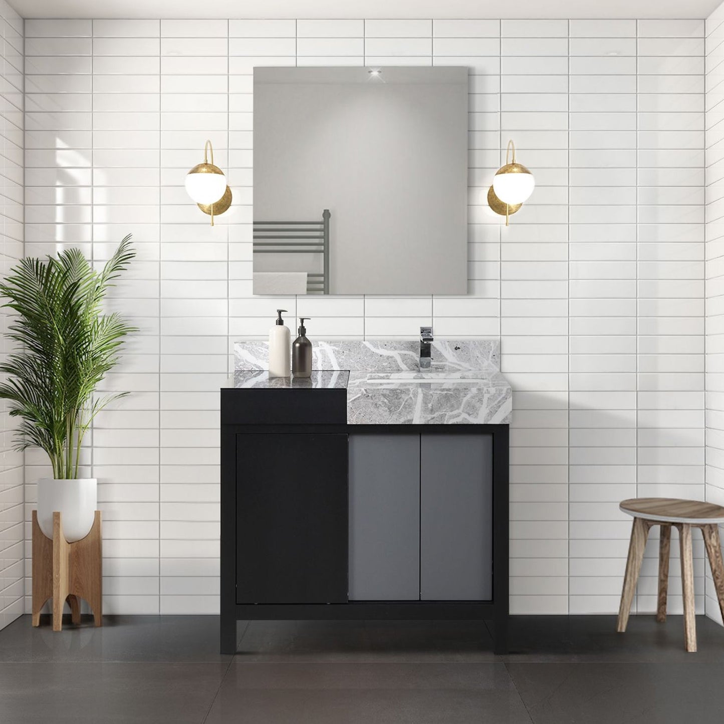 Zilara 42" Black and Grey Vanity, Castle Grey Marble Top, White Square Sink, and 34" Frameless Mirror