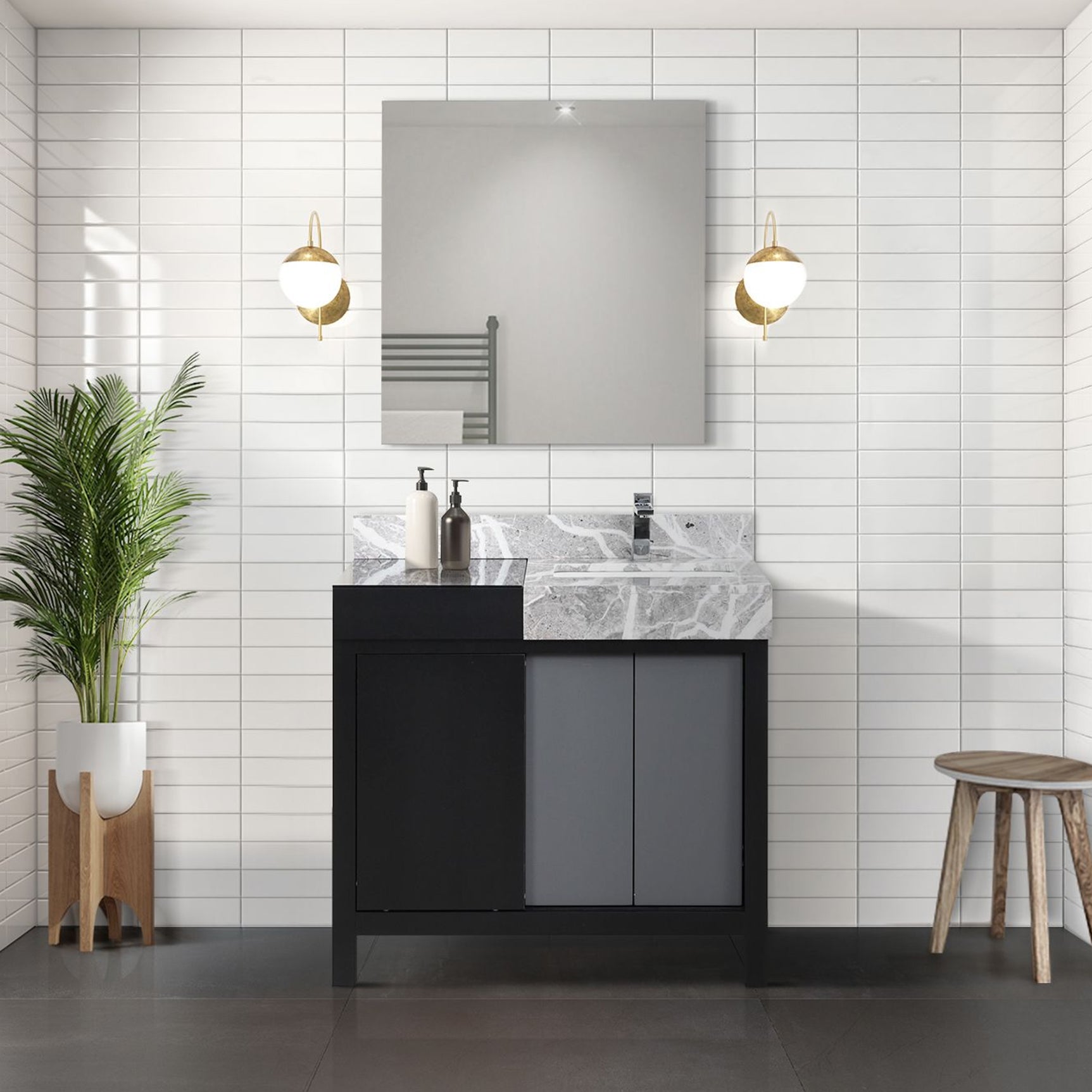Zilara 42 in. Black and Grey  Freestanding Bathroom Vanity With Castle Grey Marble Top, White Square Sink, and Monte Chrome Faucet