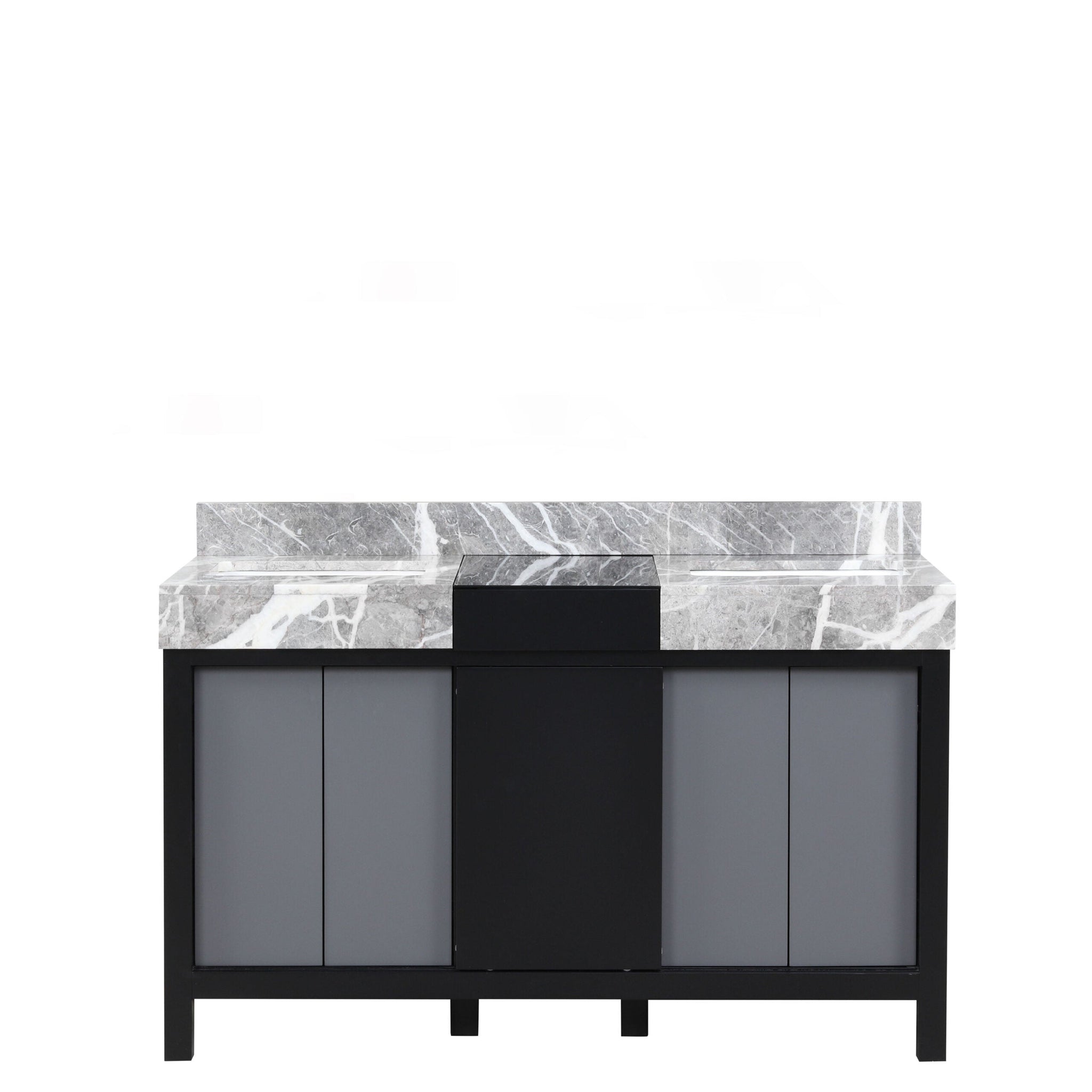 Zilara 55 in. Black and Grey  Freestanding Bathroom Vanity With Castle Grey Marble Tops, and White Square Sinks