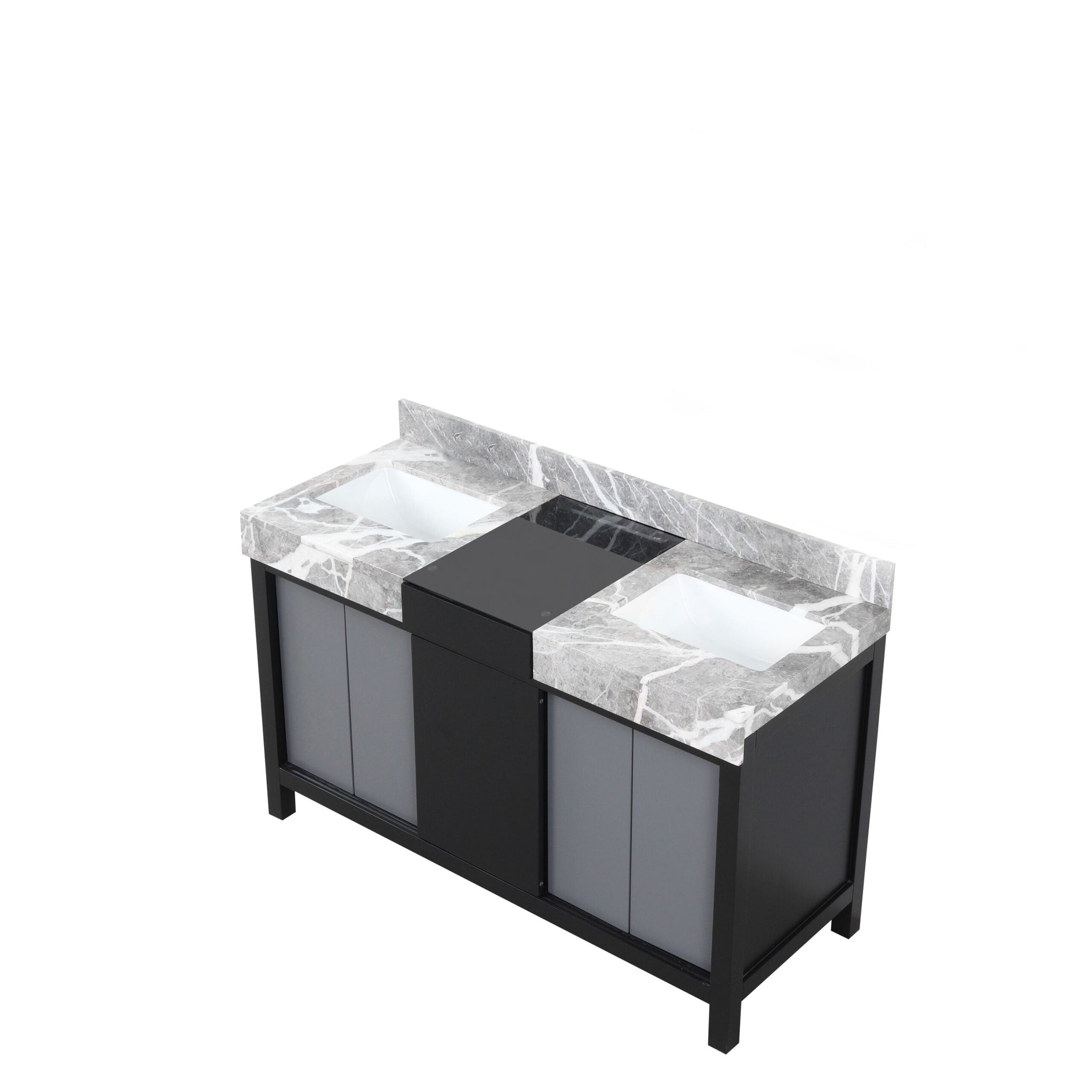 Zilara 55 in. Black and Grey  Freestanding Bathroom Vanity With Castle Grey Marble Tops, and White Square Sinks