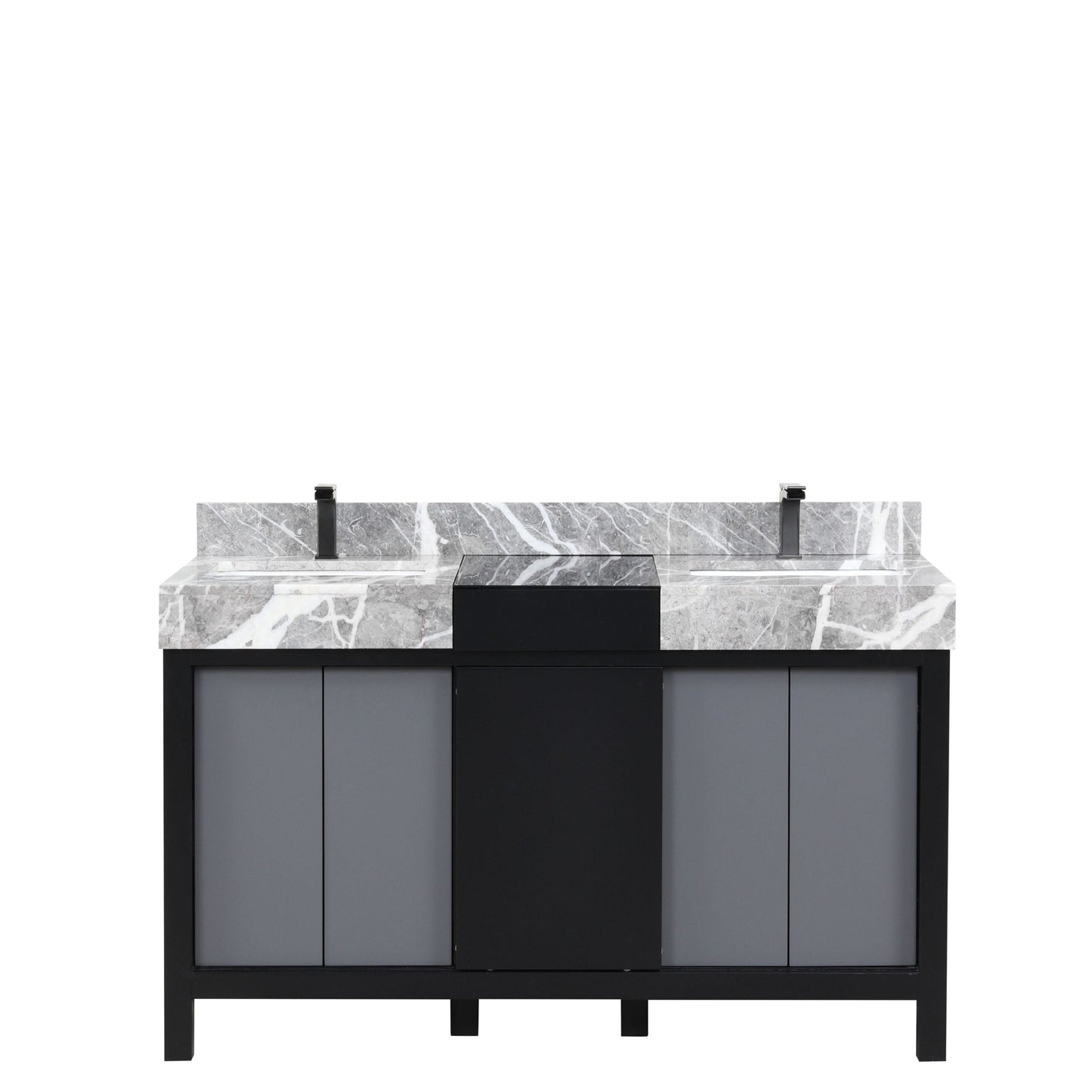 Zilara 55 in. Black and Grey  Freestanding Bathroom Vanity With Castle Grey Marble Tops, White Square Sinks, and Balzani Gun Metal Faucet Set