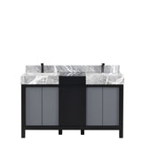 Zilara 55 in. Black and Grey  Freestanding Bathroom Vanity With Castle Grey Marble Tops, White Square Sinks, and Balzani Gun Metal Faucet Set