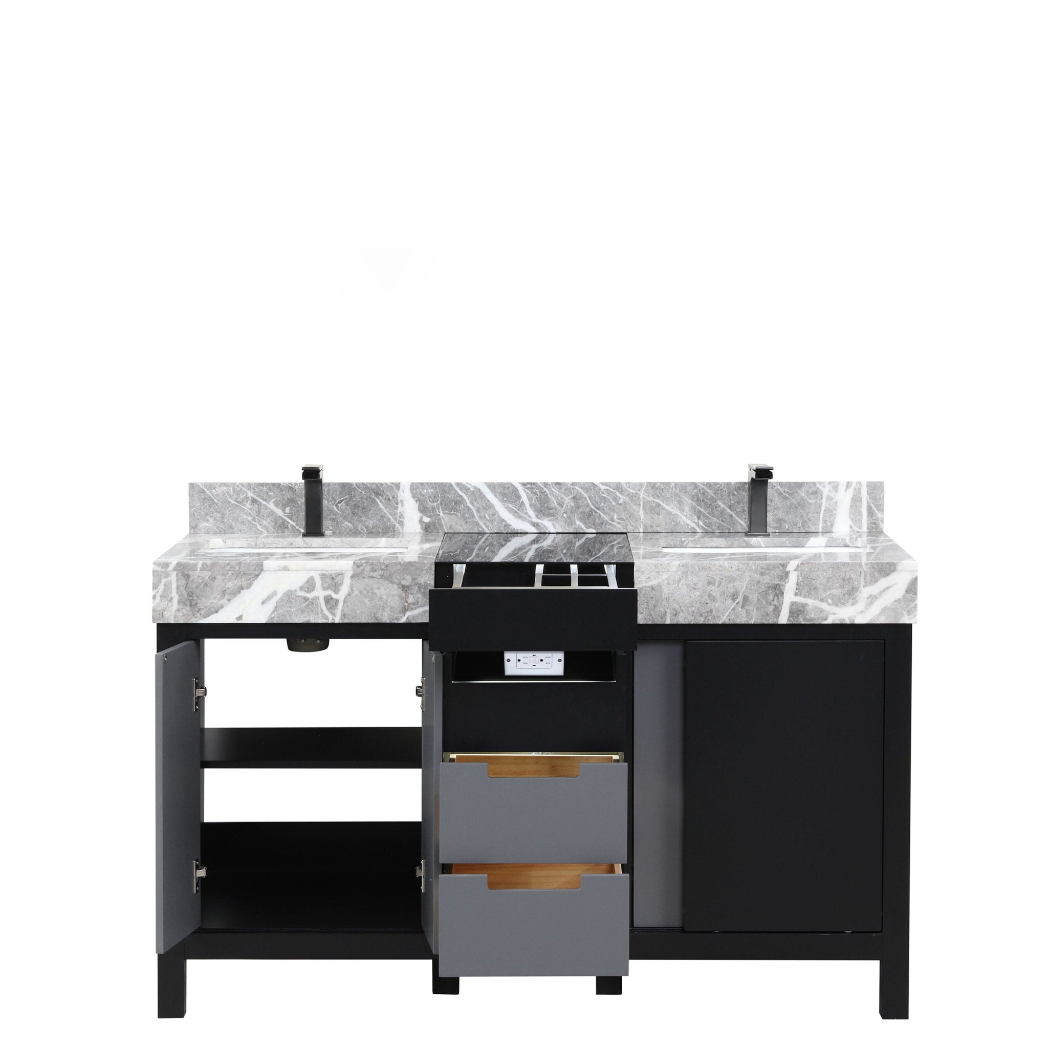 Zilara 55 in. Black and Grey  Freestanding Bathroom Vanity With Castle Grey Marble Tops, White Square Sinks, and Balzani Gun Metal Faucet Set