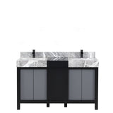 Zilara 55 in. Black and Grey  Freestanding Bathroom Vanity With Castle Grey Marble Tops, White Square Sinks, and Cascata Nera Matte Black Faucet Set