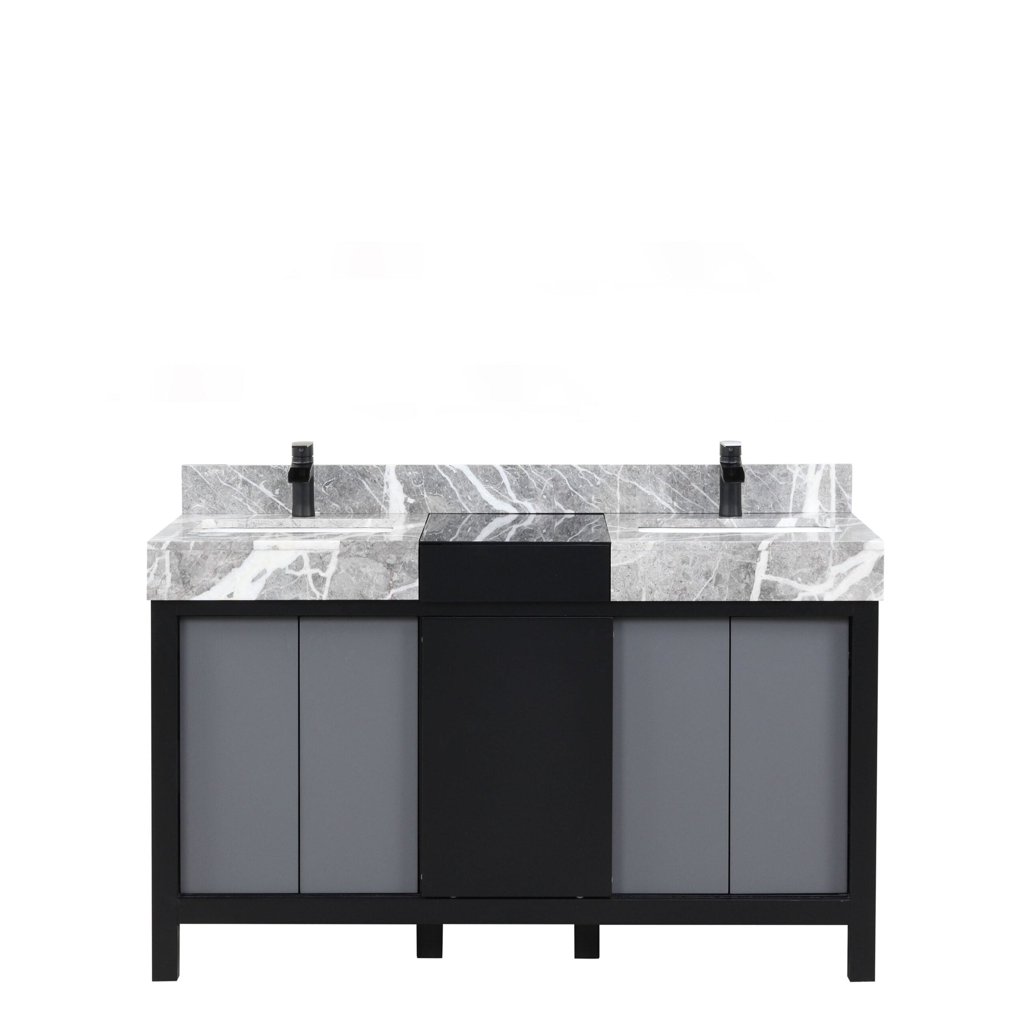 Zilara 55 in. Black and Grey  Freestanding Bathroom Vanity With Castle Grey Marble Tops, White Square Sinks, and Cascata Nera Matte Black Faucet Set