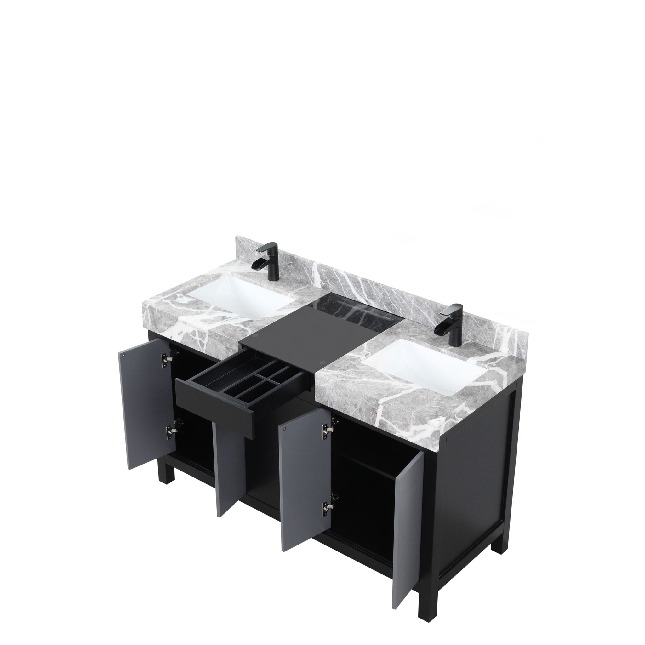 Zilara 55 in. Black and Grey  Freestanding Bathroom Vanity With Castle Grey Marble Tops, White Square Sinks, and Cascata Nera Matte Black Faucet Set