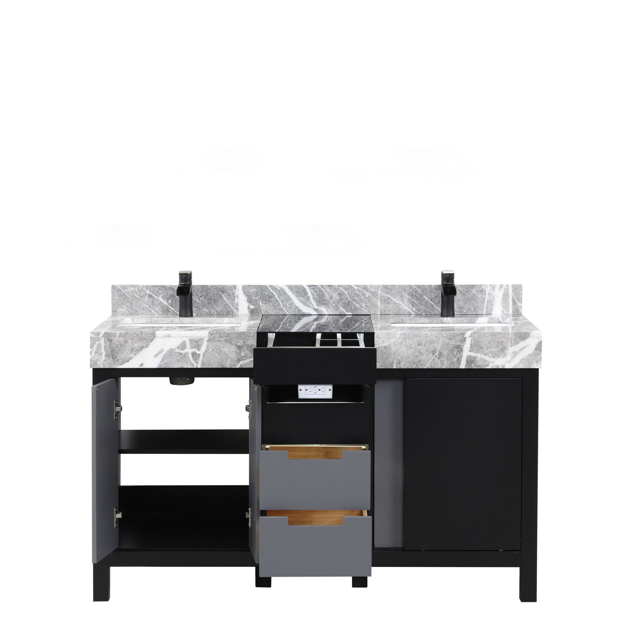 Zilara 55 in. Black and Grey  Freestanding Bathroom Vanity With Castle Grey Marble Tops, White Square Sinks, and Cascata Nera Matte Black Faucet Set