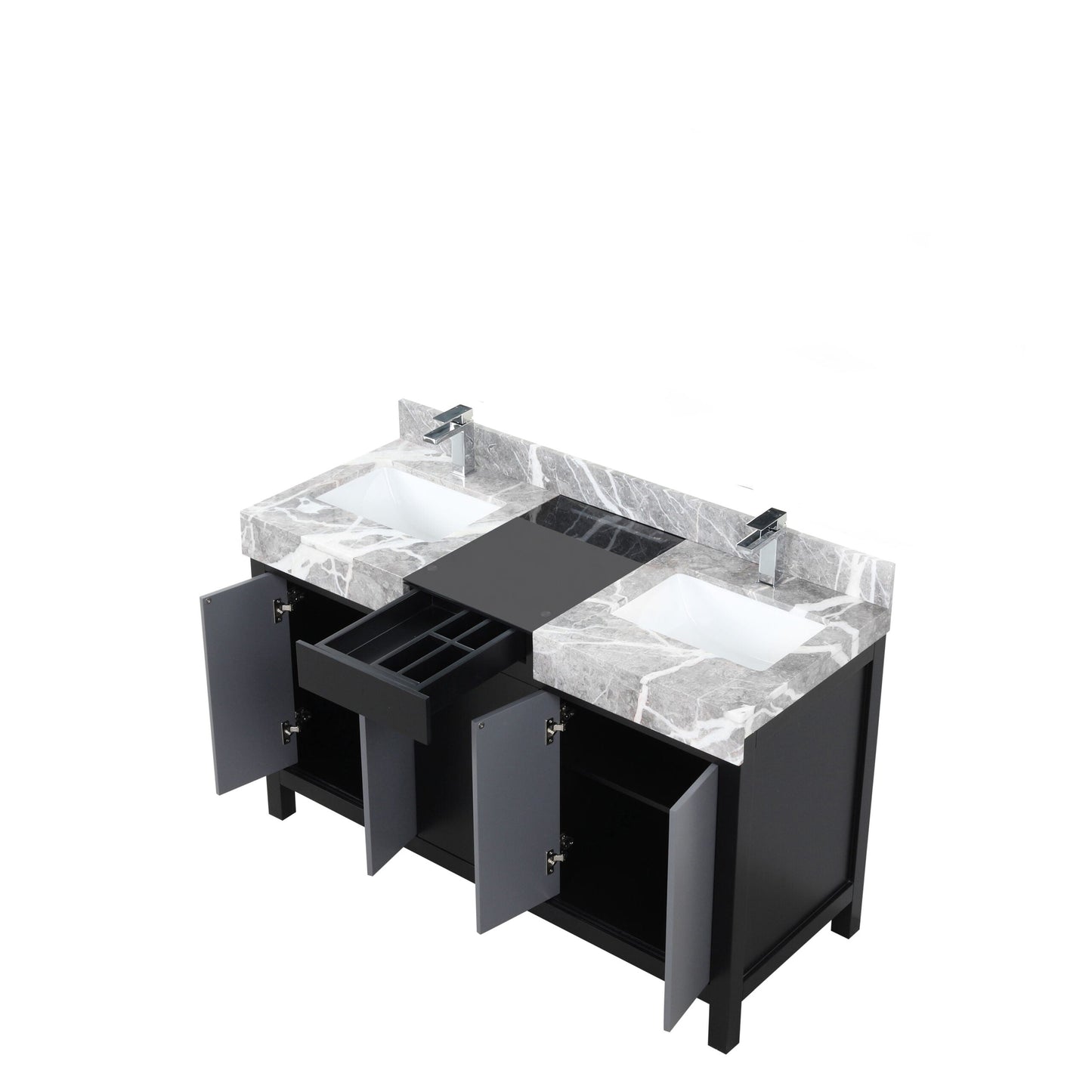 Zilara 55 in. Black and Grey  Freestanding Bathroom Vanity With Castle Grey Marble Tops, White Square Sinks, and Monte Chrome Faucet Set