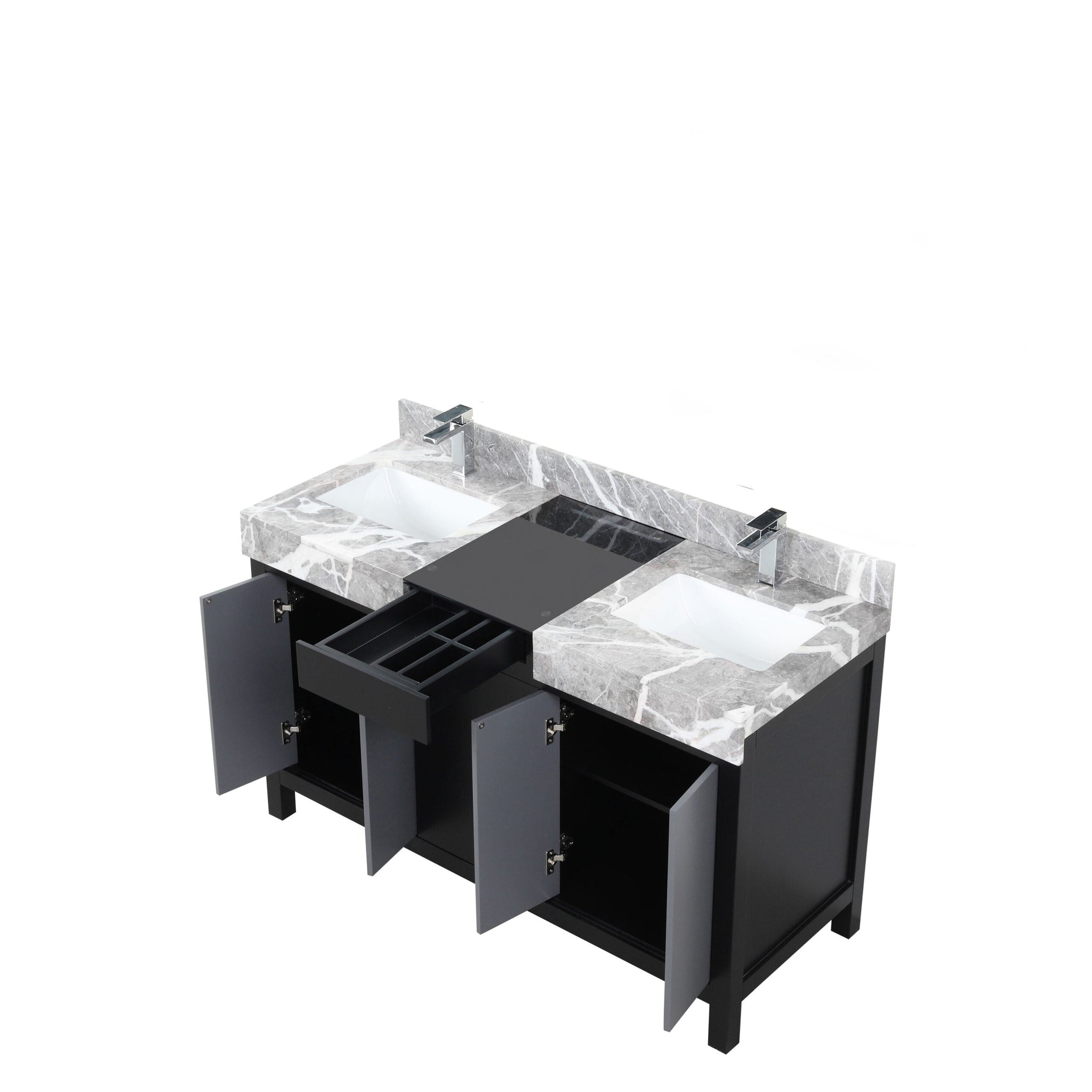 Zilara 55 in. Black and Grey  Freestanding Bathroom Vanity With Castle Grey Marble Tops, White Square Sinks, and Monte Chrome Faucet Set
