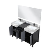 Zilara 55" Black and Grey Double Vanity, Castle Grey Marble Tops, White Square Sinks, Balzani Gun Metal Faucet Sets, and 53" Frameless Mirror