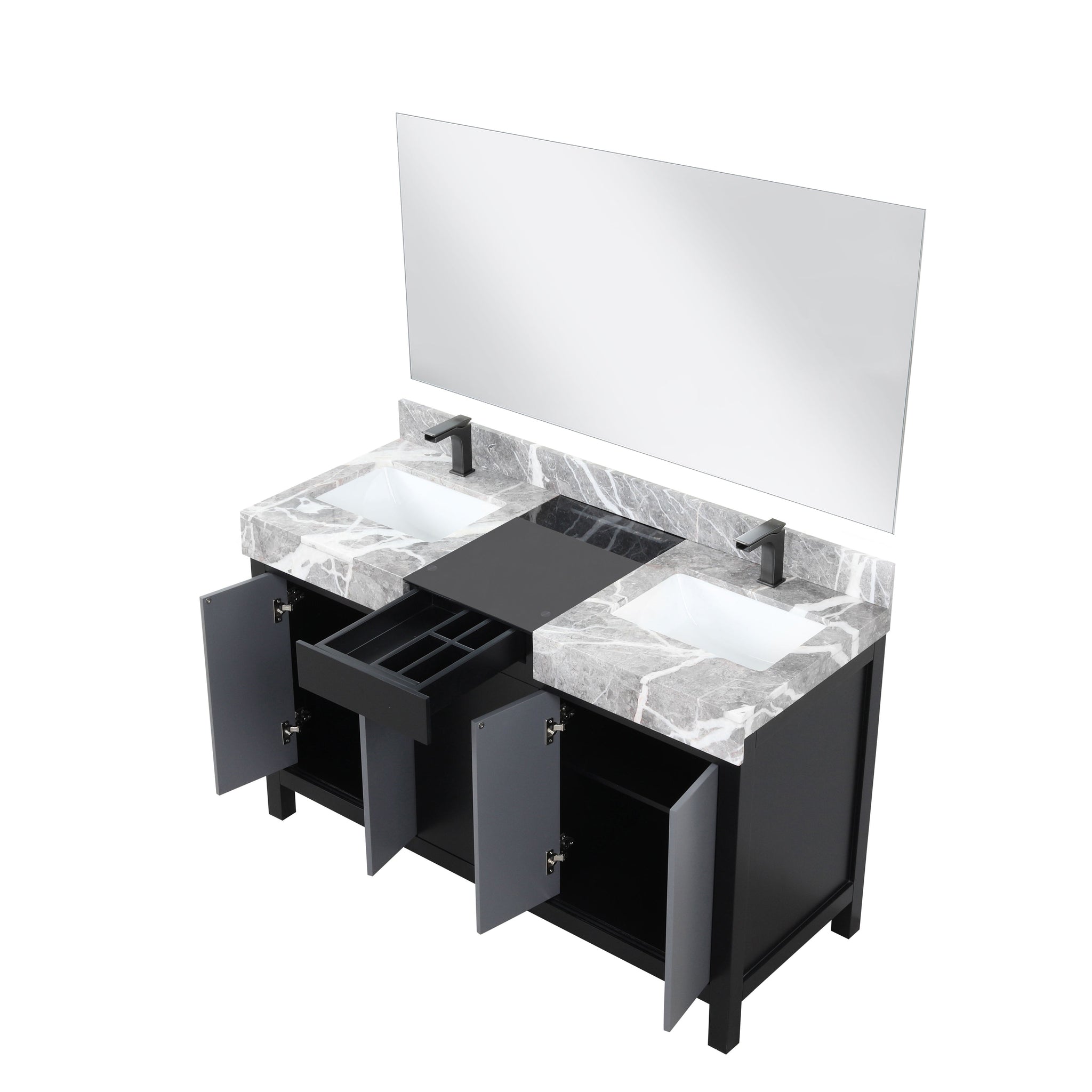 Zilara 55" Black and Grey Double Vanity, Castle Grey Marble Tops, White Square Sinks, Balzani Gun Metal Faucet Sets, and 53" Frameless Mirror