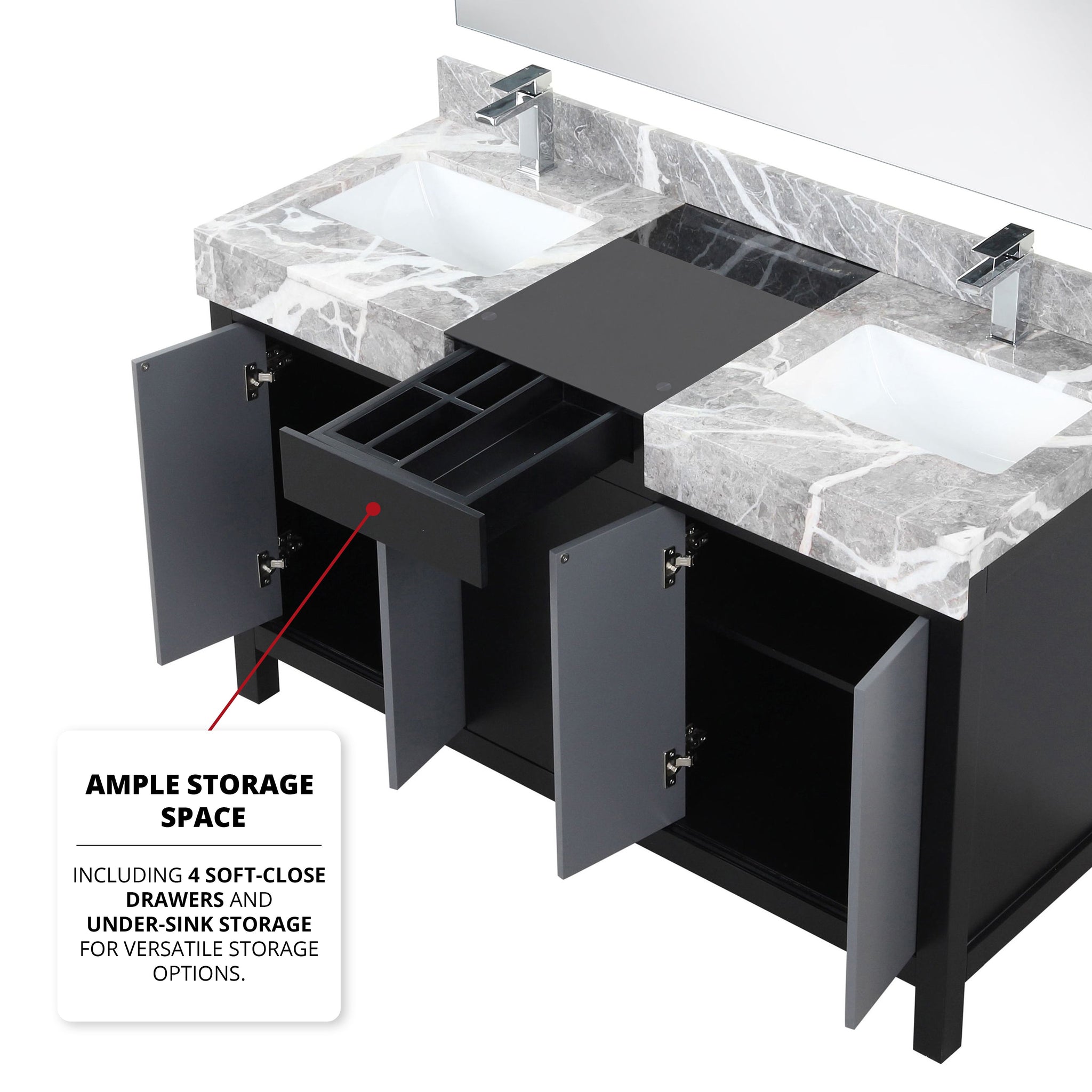 Zilara 55" Black and Grey Double Vanity, Castle Grey Marble Tops, White Square Sinks, Balzani Gun Metal Faucet Sets, and 53" Frameless Mirror
