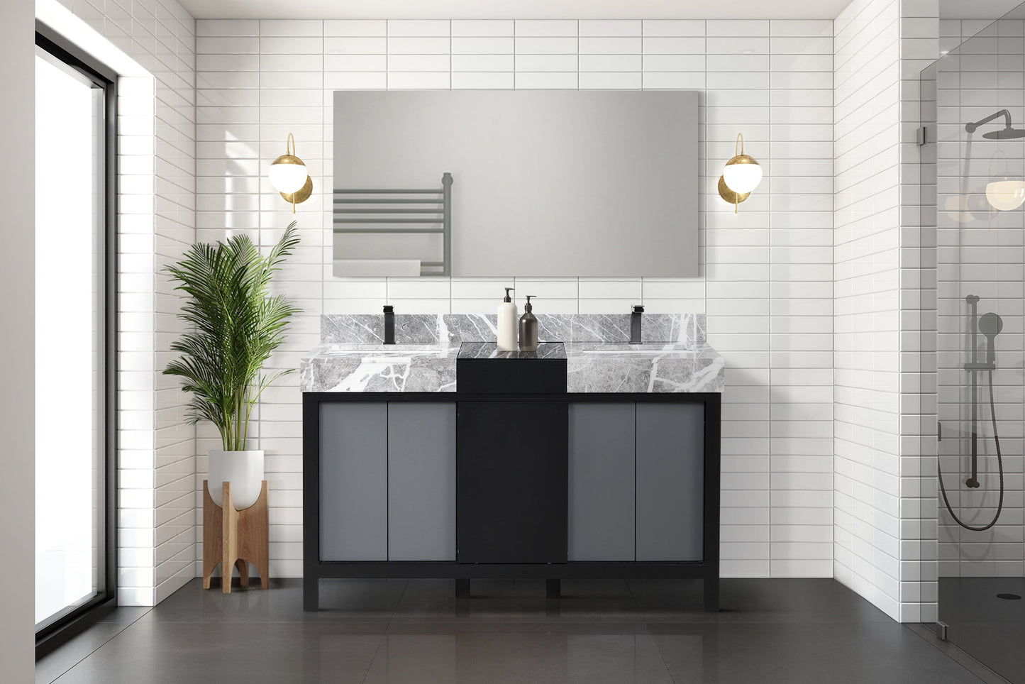 Zilara 55 in. Black and Grey  Freestanding Bathroom Vanity With Castle Grey Marble Tops, White Square Sinks, and Balzani Gun Metal Faucet Set