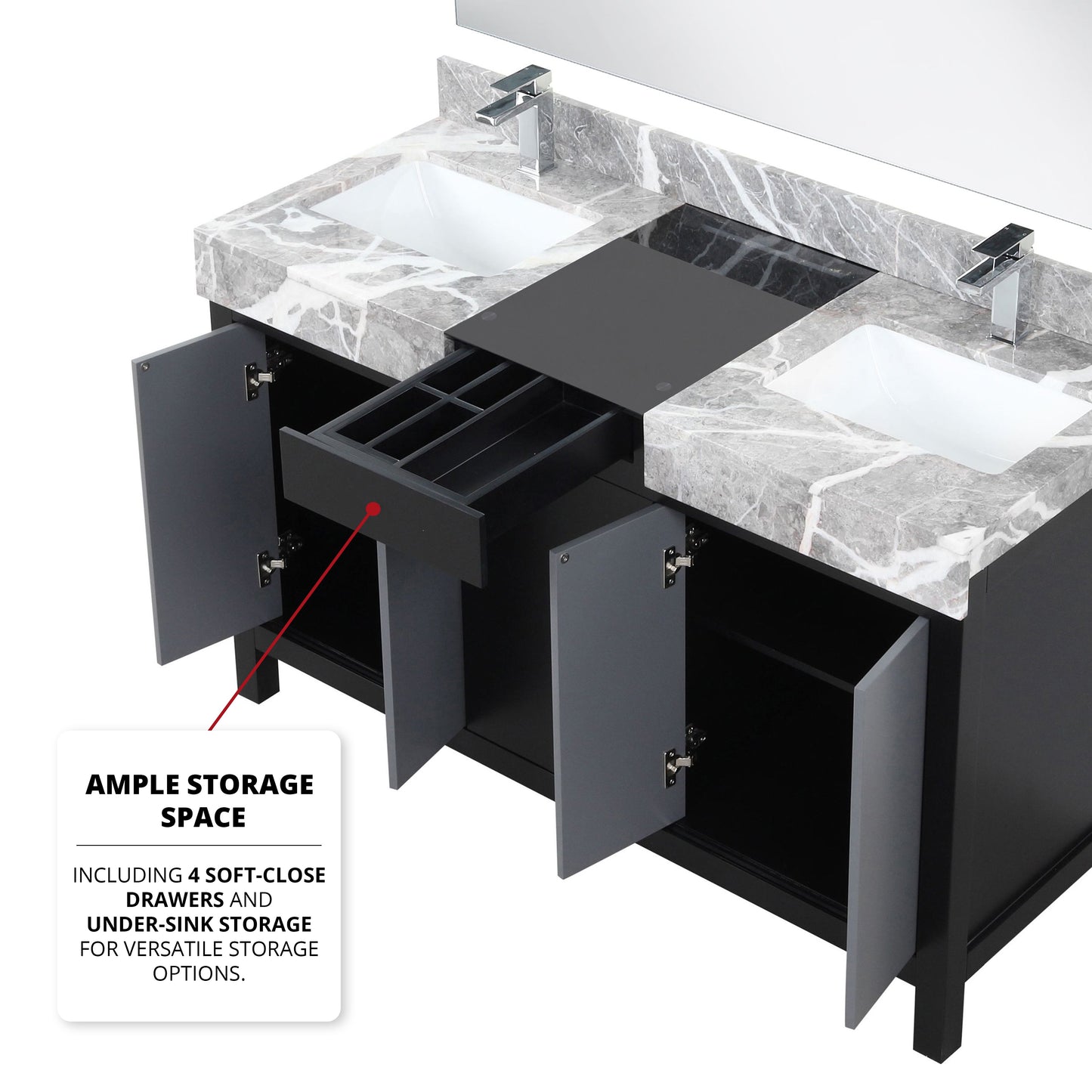 Zilara 55 in. Black and Grey  Freestanding Bathroom Vanity With Castle Grey Marble Tops, White Square Sinks, and Balzani Gun Metal Faucet Set